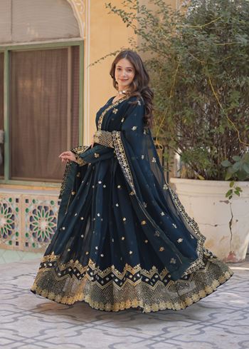 Rama Faux Blooming Suit With Zari & Sequins Embroidery