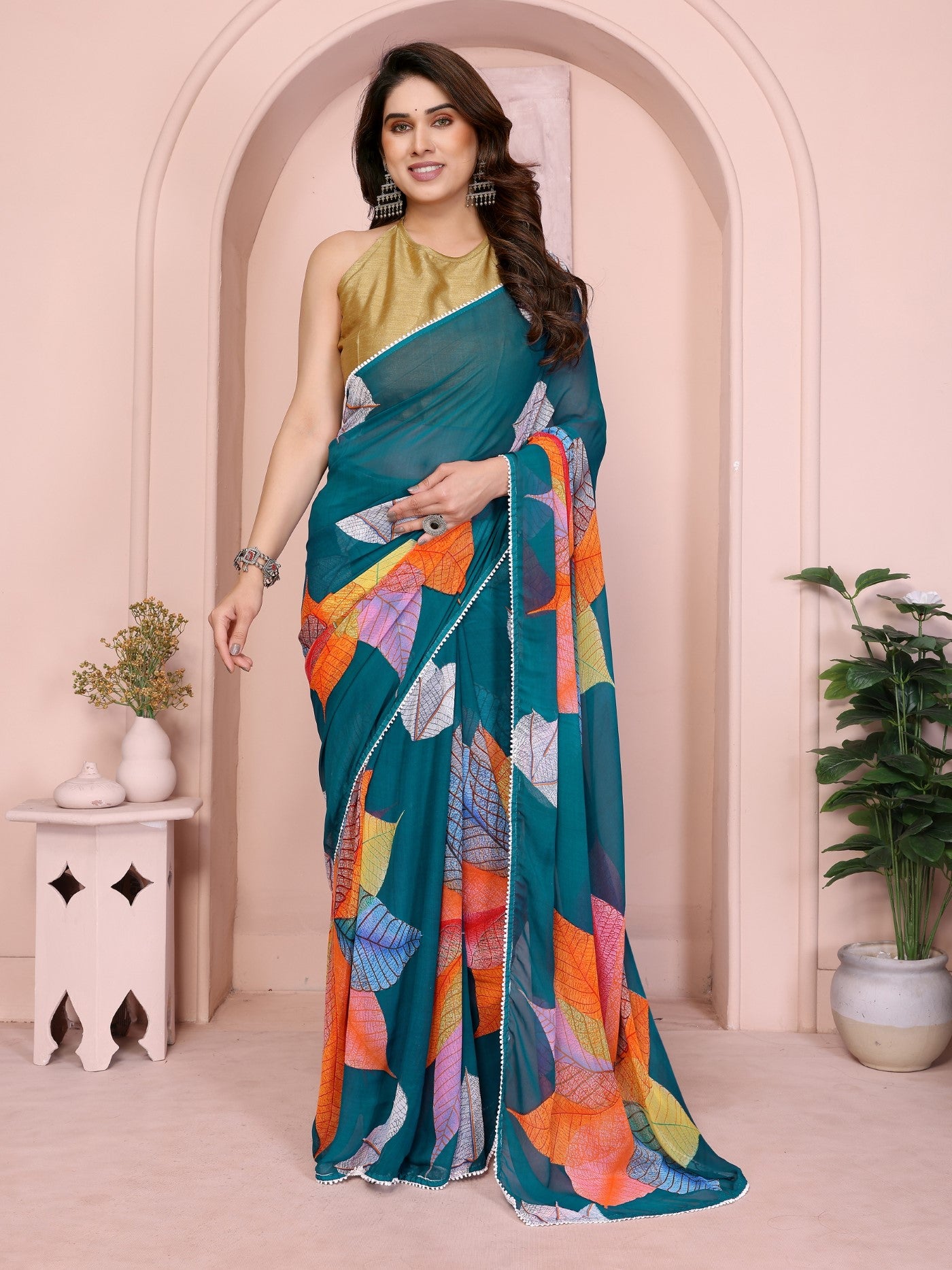 Rama Georgette Ready-to-Wear Printed Saree with Lace