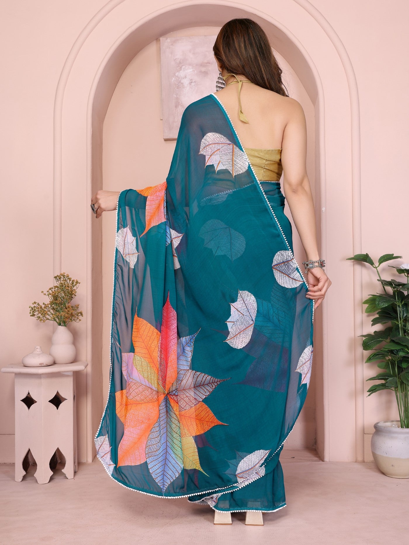 Rama Georgette Ready-to-Wear Printed Saree with Lace