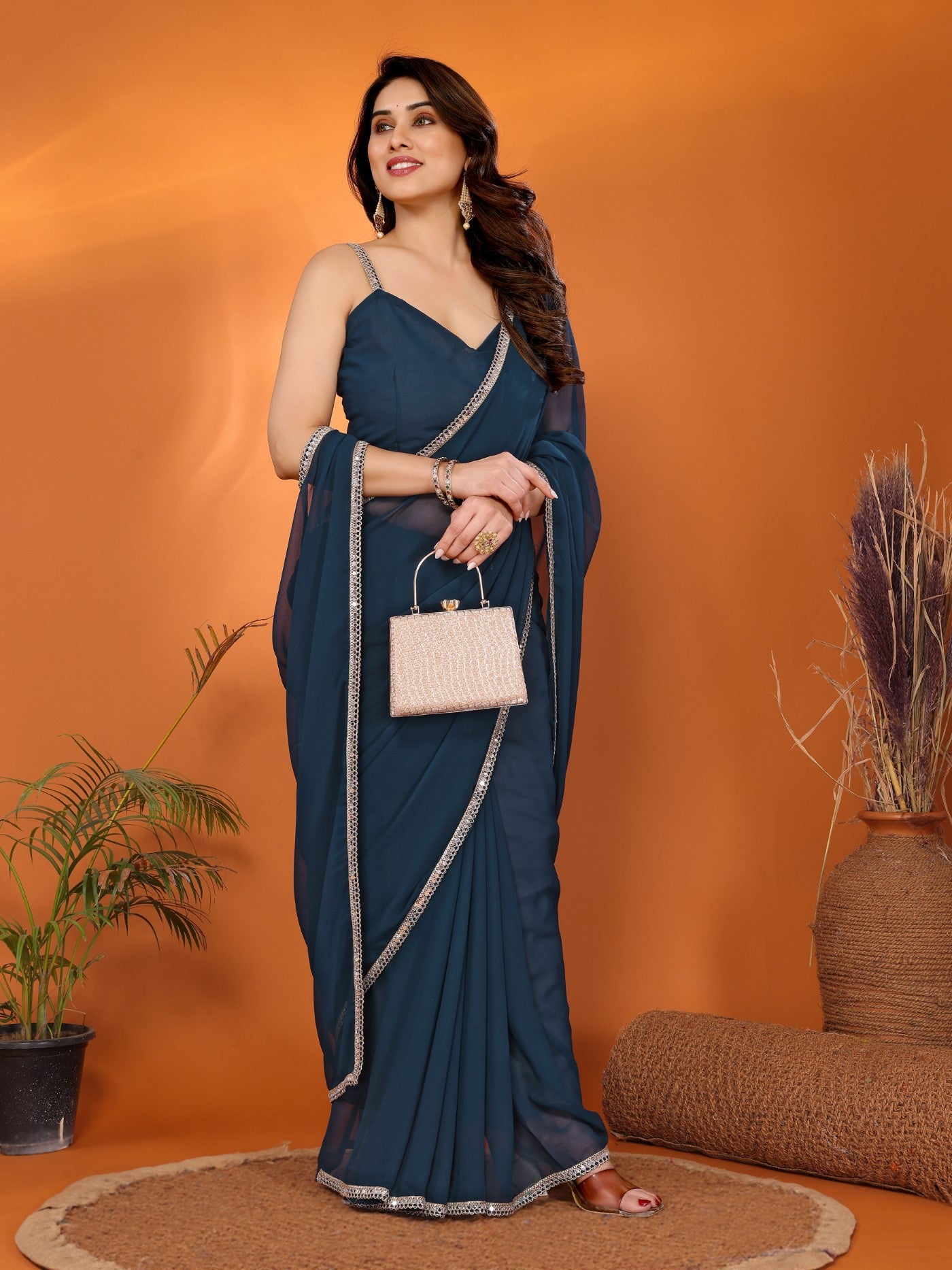 Rama Georgette Saree with Mirror Border