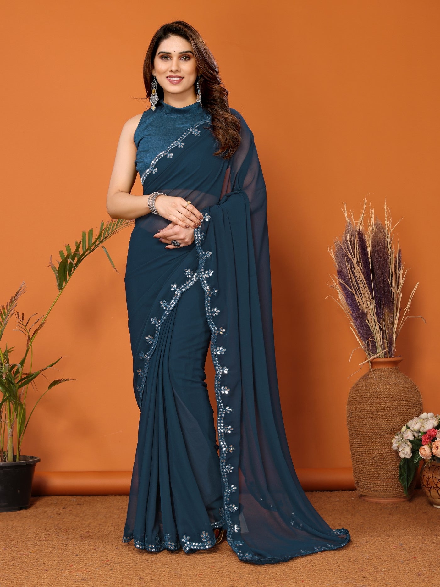 Rama Georgette Saree with Mirror Work
