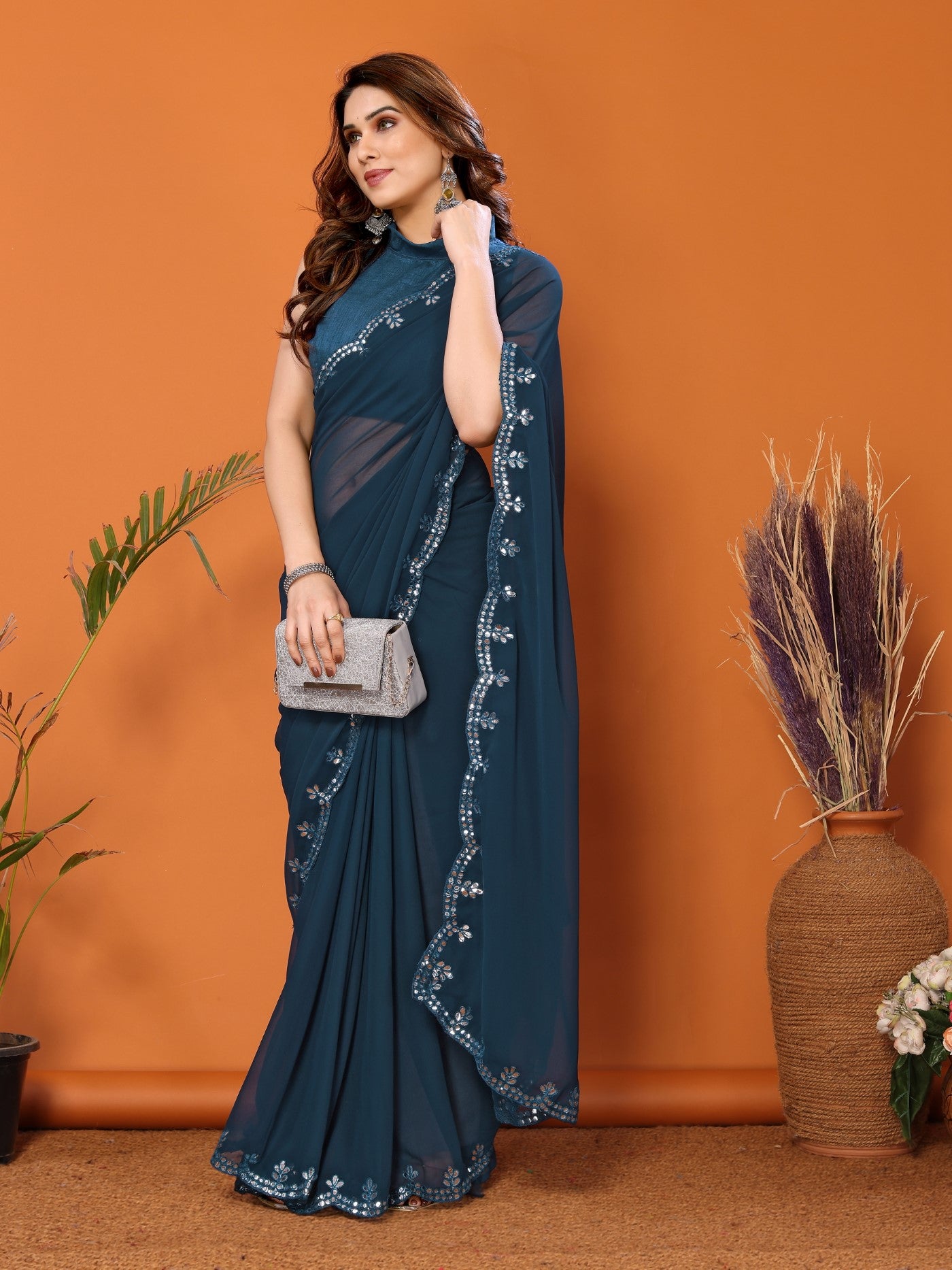 Rama Georgette Saree with Mirror Work