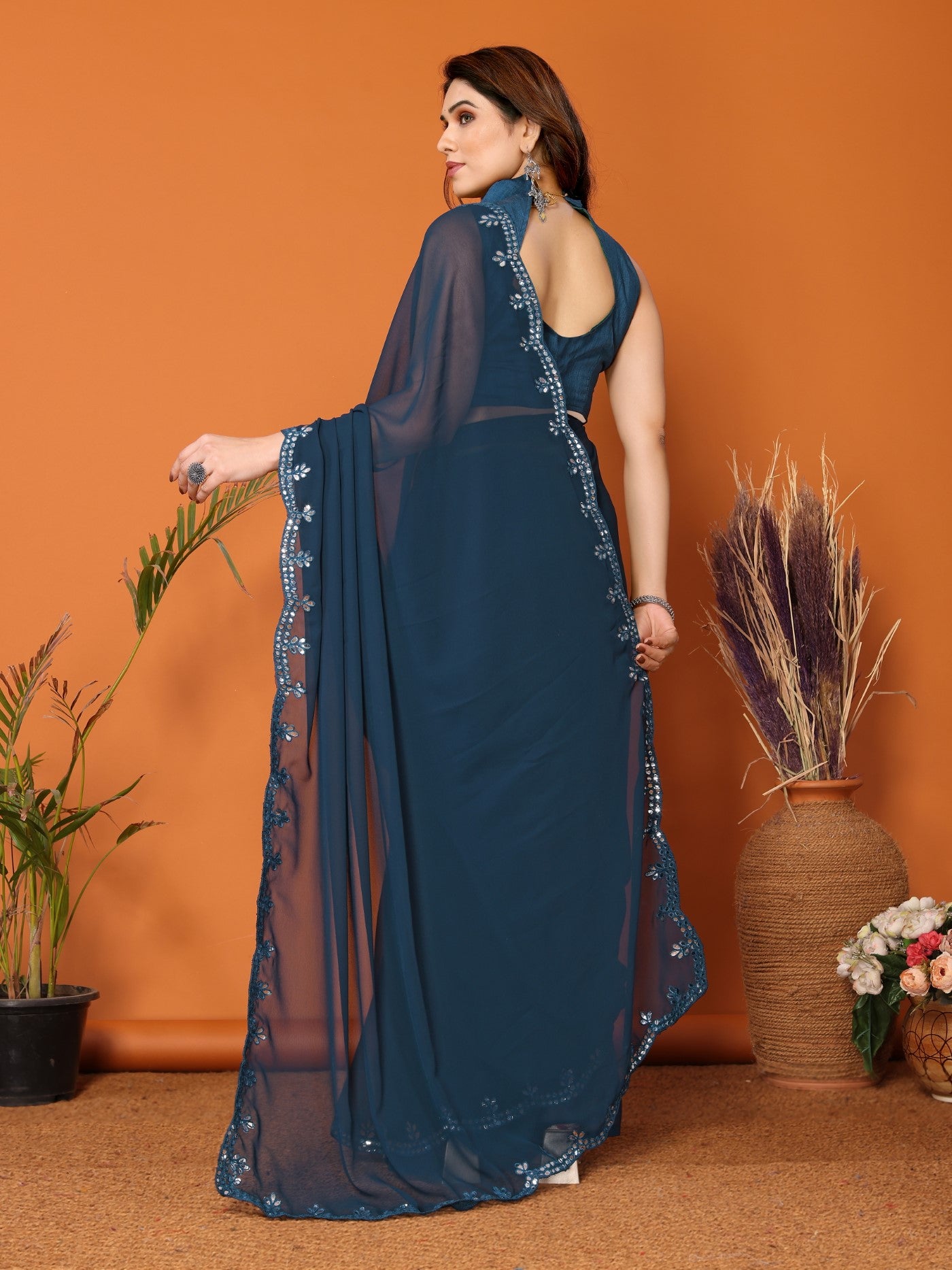 Rama Georgette Saree with Mirror Work