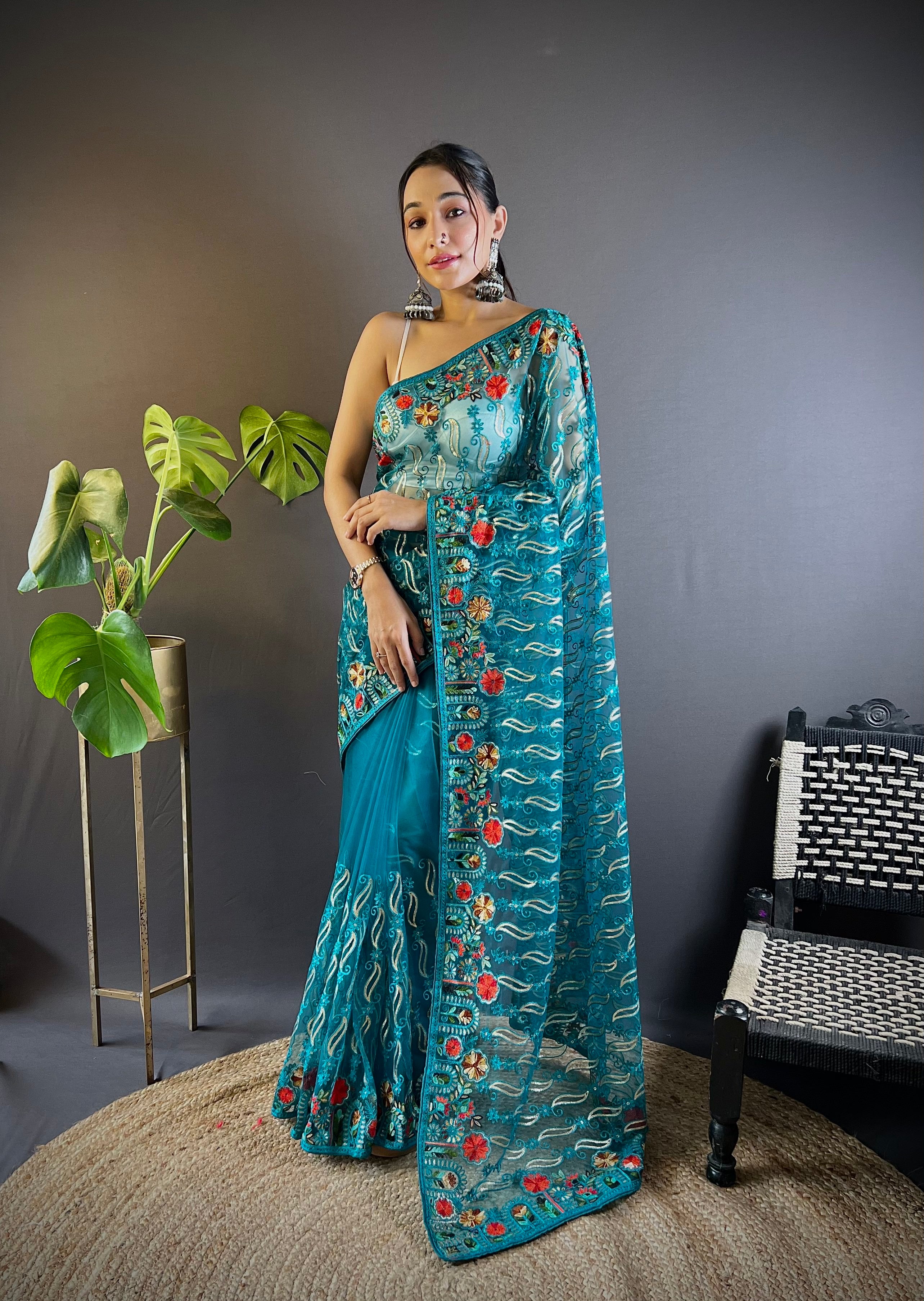 Rama Girlie Butterfly Net Fabric Stylish Resham Embroidered Partywear Saree