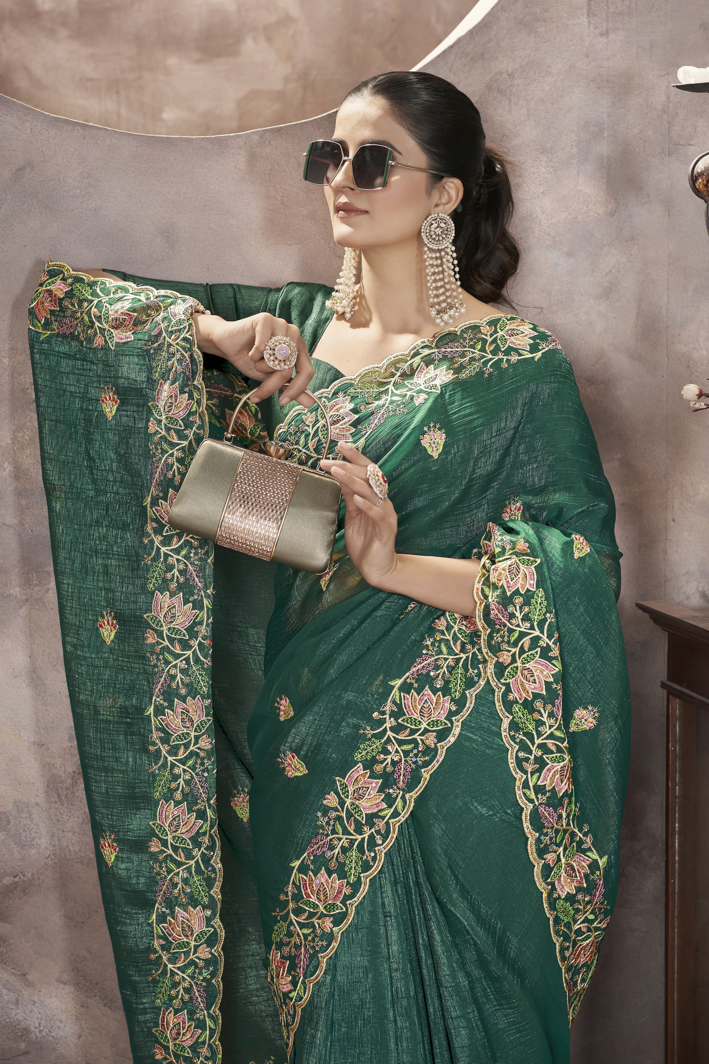 Rama Gold Crunchy Ethnic Partywear Glamorous Saree