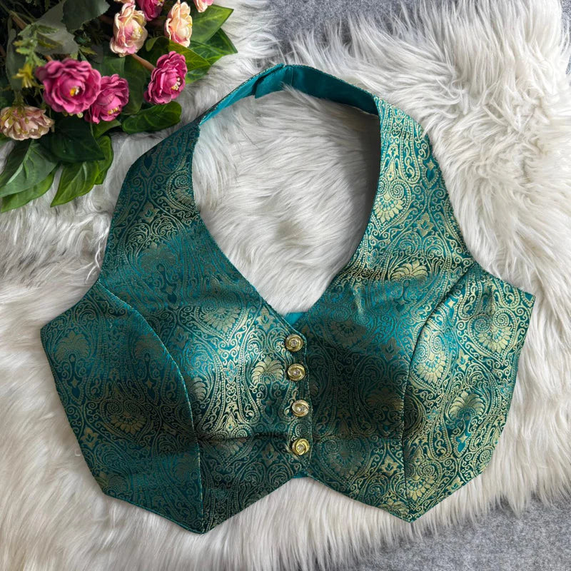 Rama Green Banarasi Jacquard Silk Halter Neck Blouse with Embroidery & Sequins