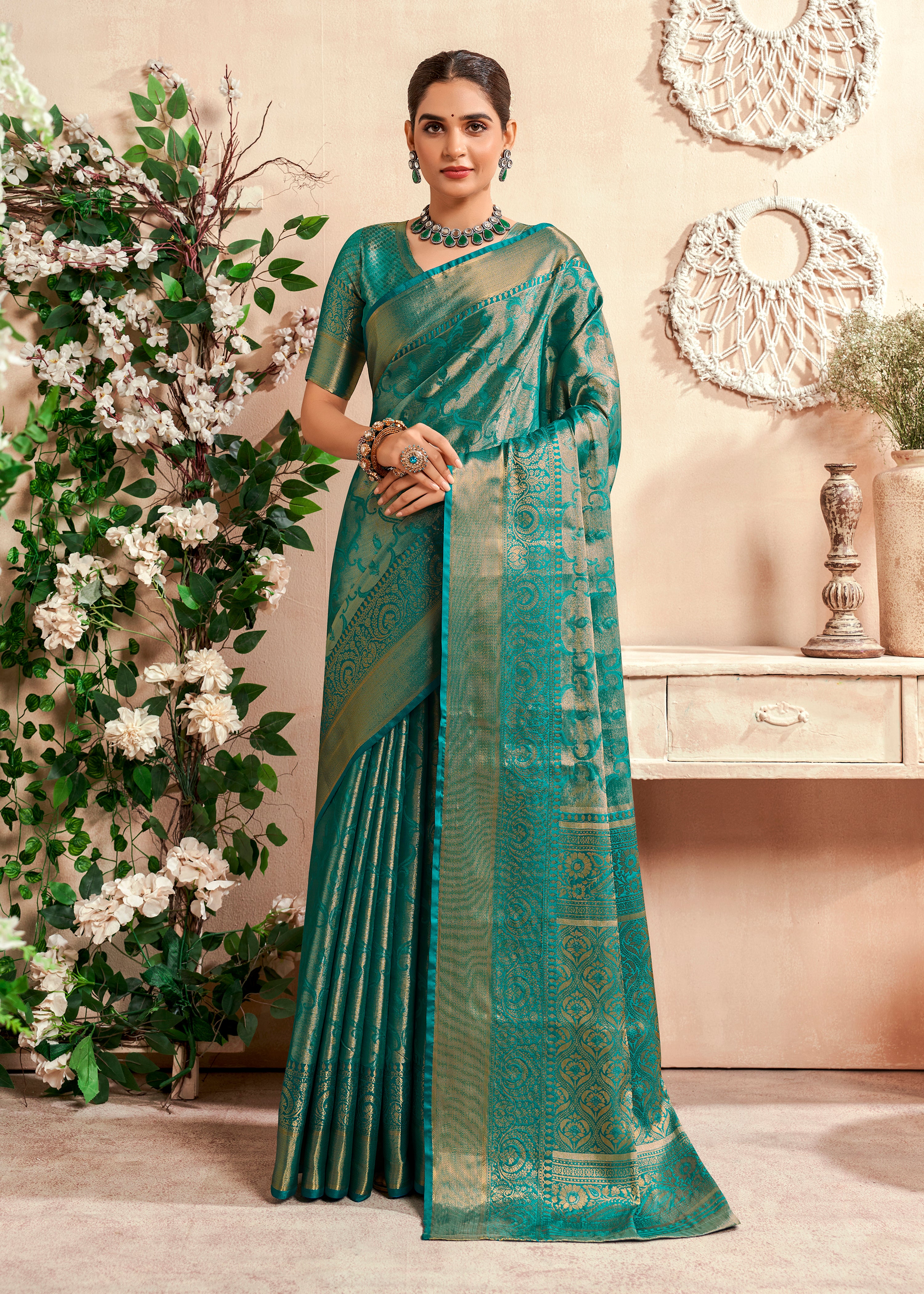Rama Green Banarasi Silk Saree With Zari Jacquard Woven Work