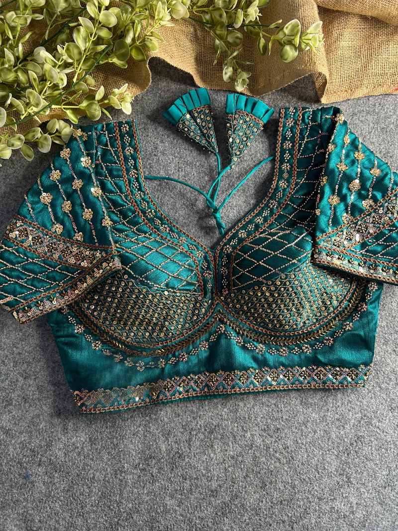 Rama Green Designer Bridal Blouse with Heavy Stars, Beads & Sequins Work Italian Silk