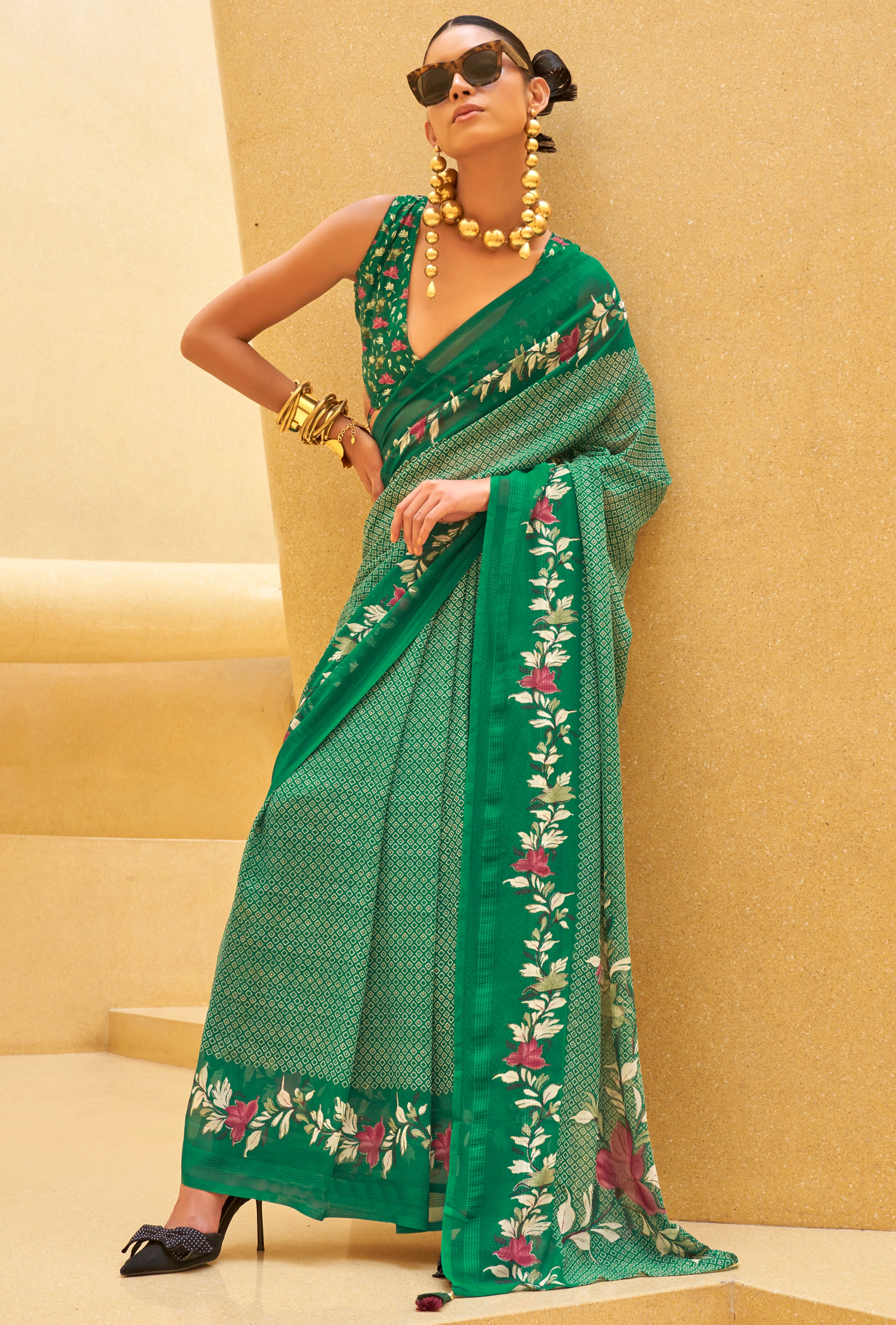 Rama Green Georgette Printed Saree