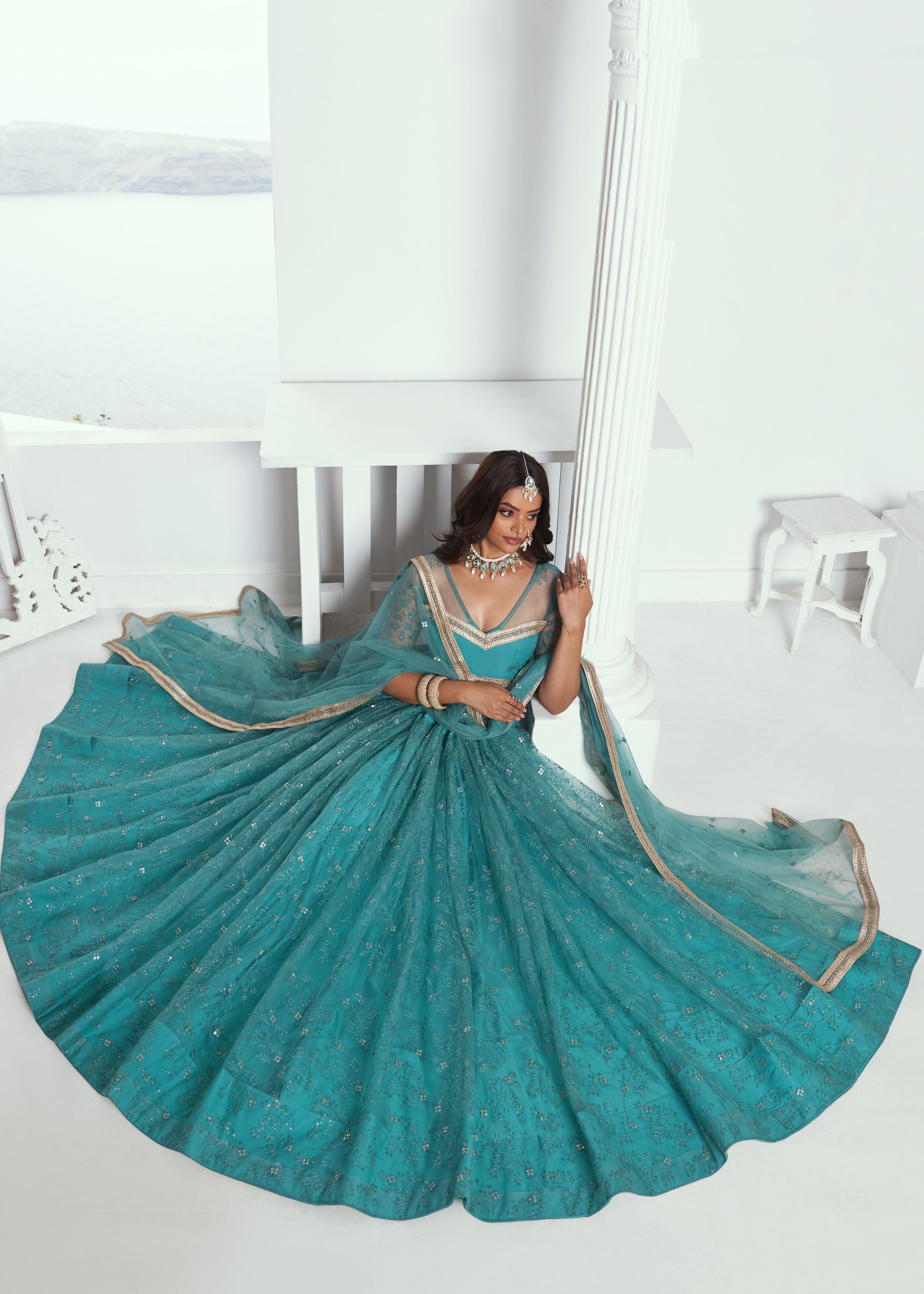 Rama Green Lehenga with Heavy Thread Embroidery Sequins Work