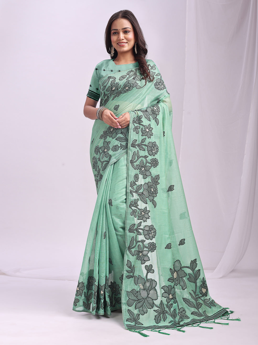 Rama Green Linen Cotton Woven Thread Designer Festive Sophisticated Saree