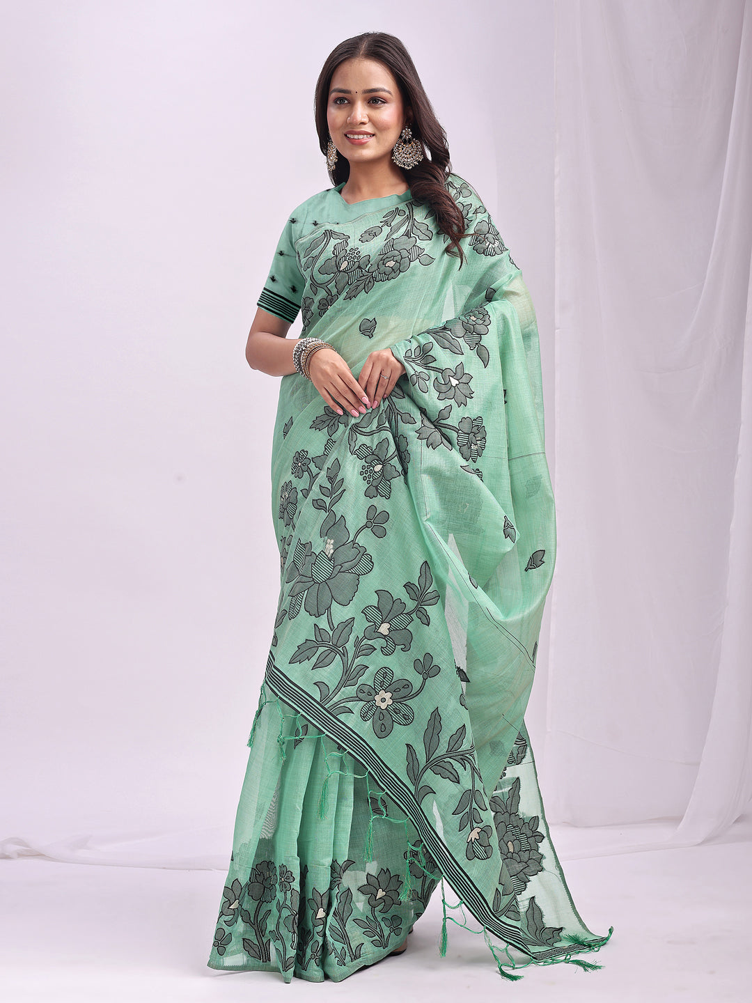 Rama Green Linen Cotton Woven Thread Designer Festive Sophisticated Saree