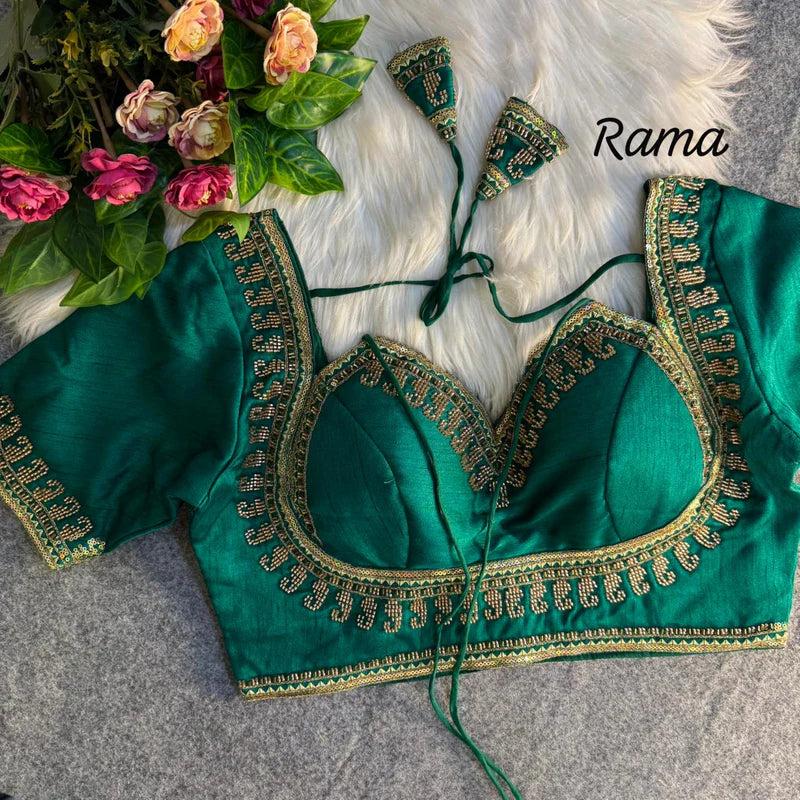 Rama Green Royal Beads Work Bridal Blouse Italian Silk Designer Couture Wear