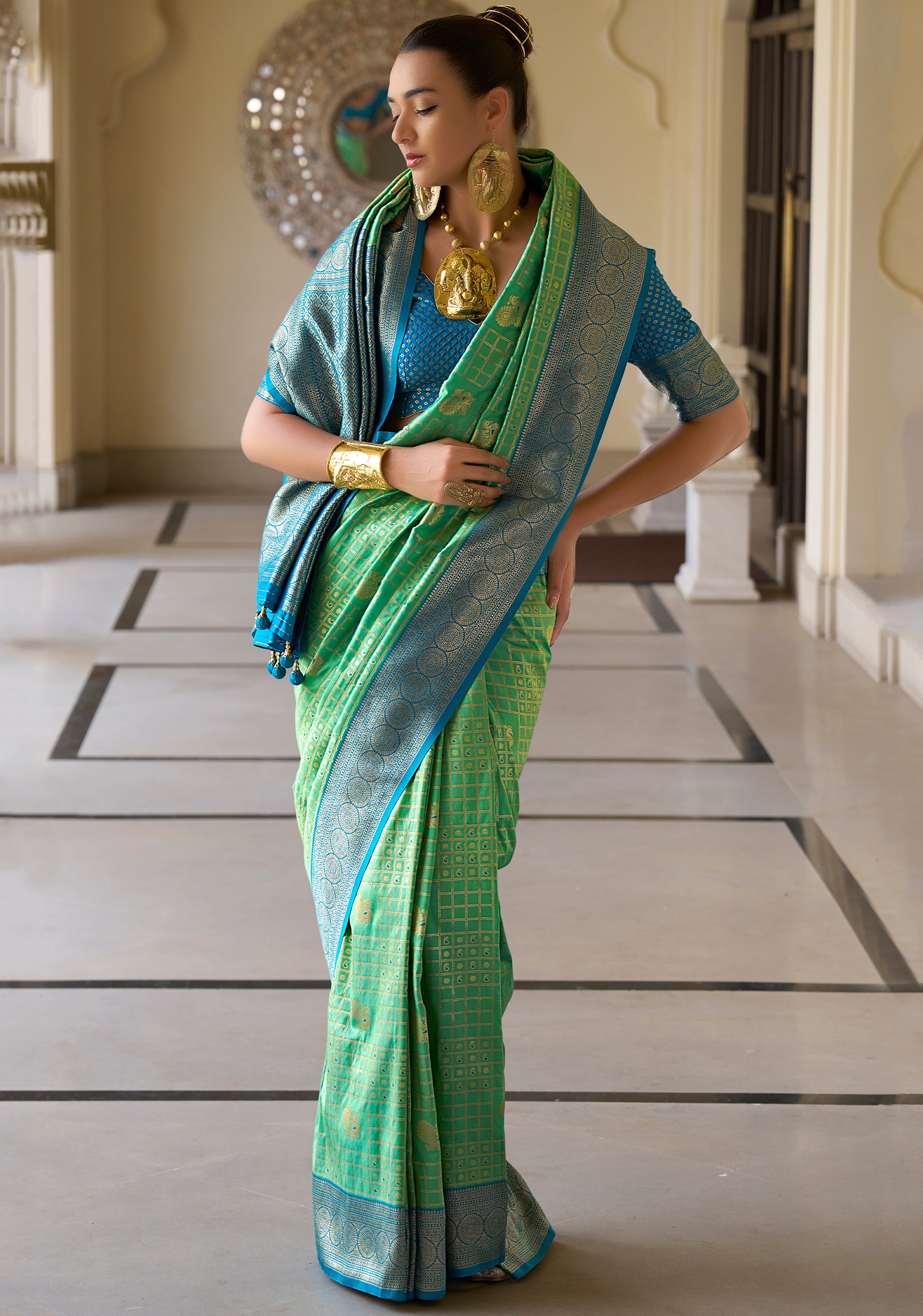 Rama Green Saree With Jacquard Woven Work