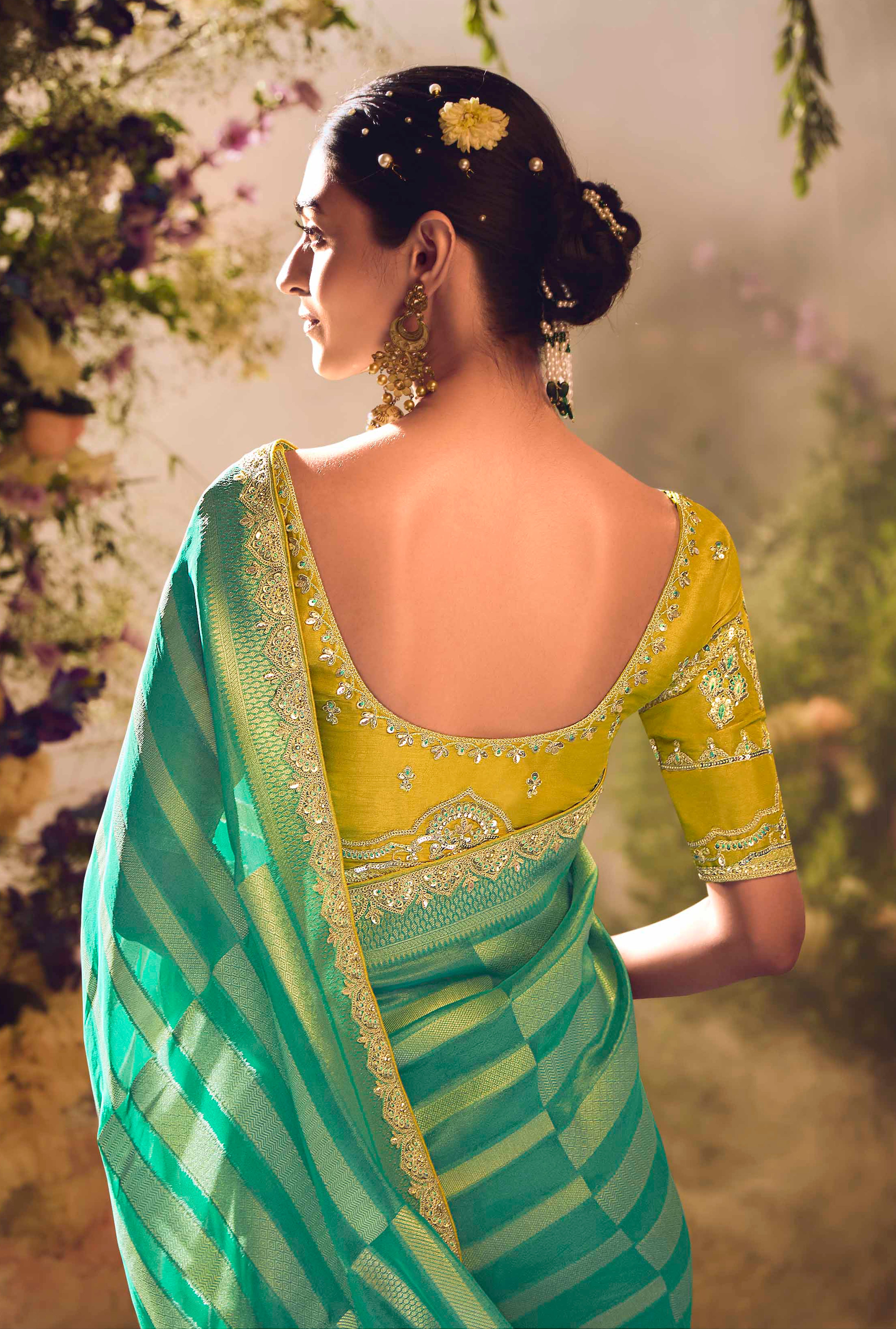 Rama Green Saree With Jacquard Woven Work with Embroidered Lace Border