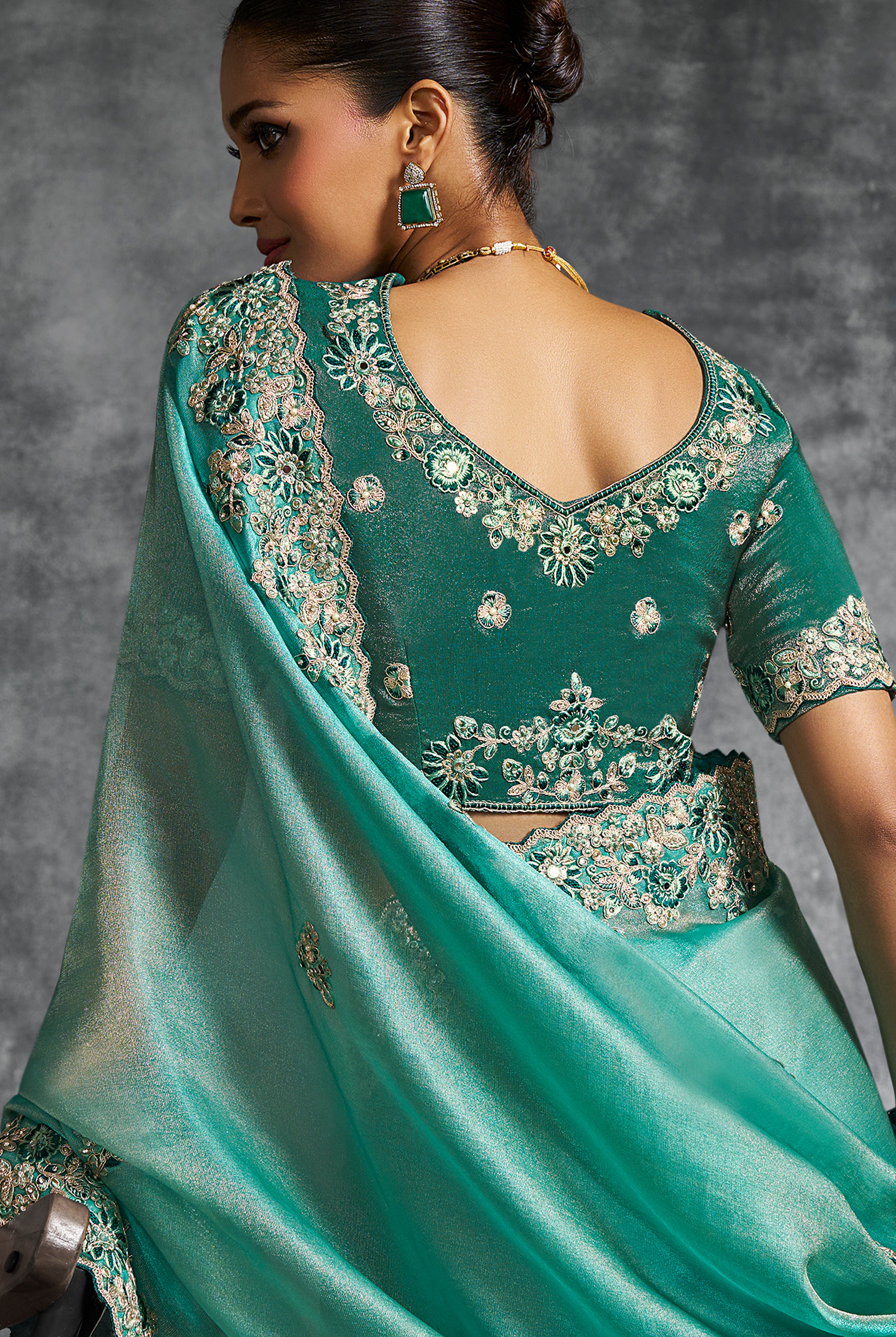 Rama Green Saree With Thread Embroidery Work ,Hand-Finished Stone & Mirror work With Embroidery Blouse