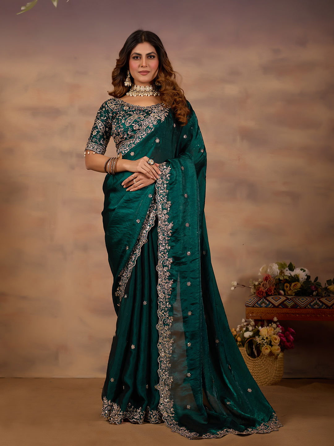 Rama Green Satin Silk Designer Saree With Embroidery Work