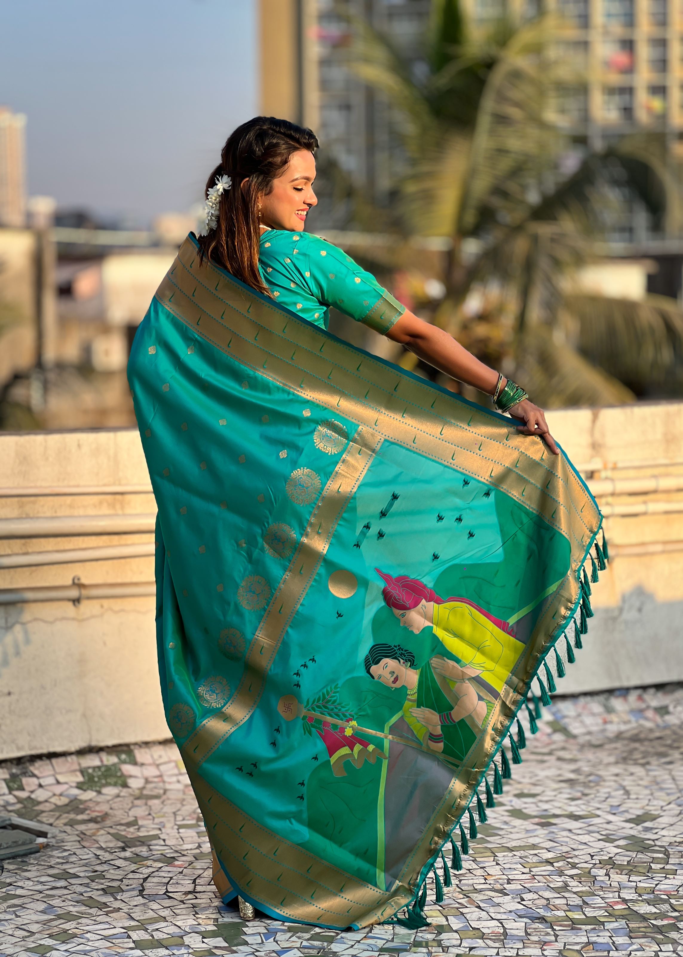 Rama Green Silk Blend Paithani Saree With Gudi Padwa Print