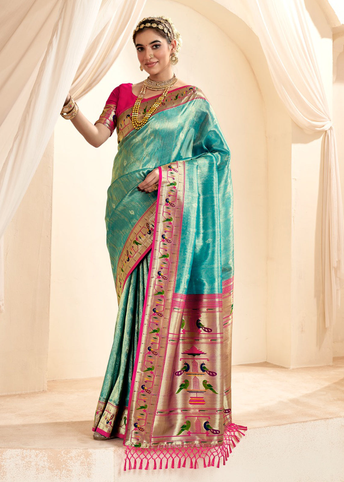 Rama Green Silk Saree With Jacquard Woven Work