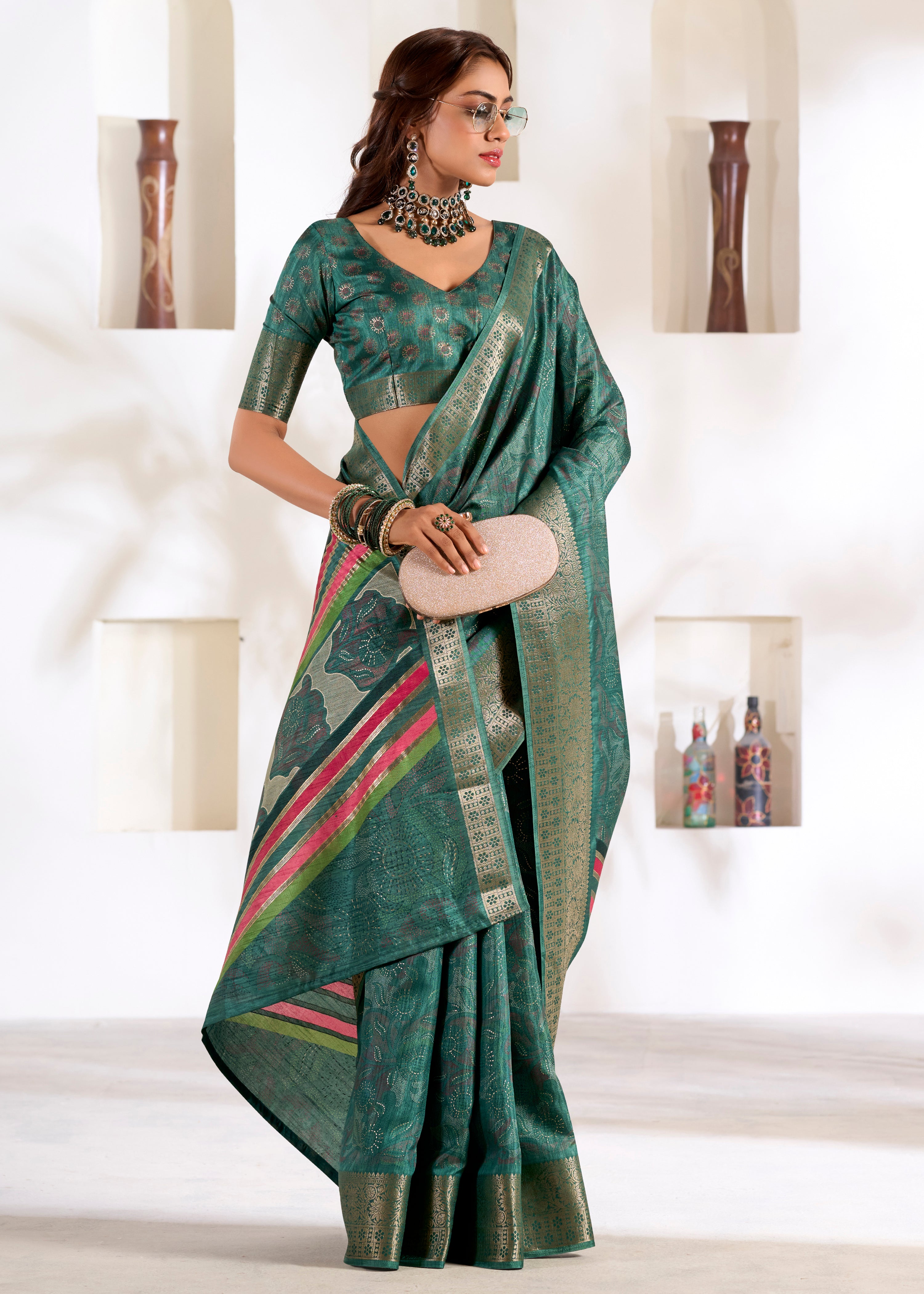 Rama Green Soft Dola Silk Saree With Foil Print With Jacquard Woven Work
