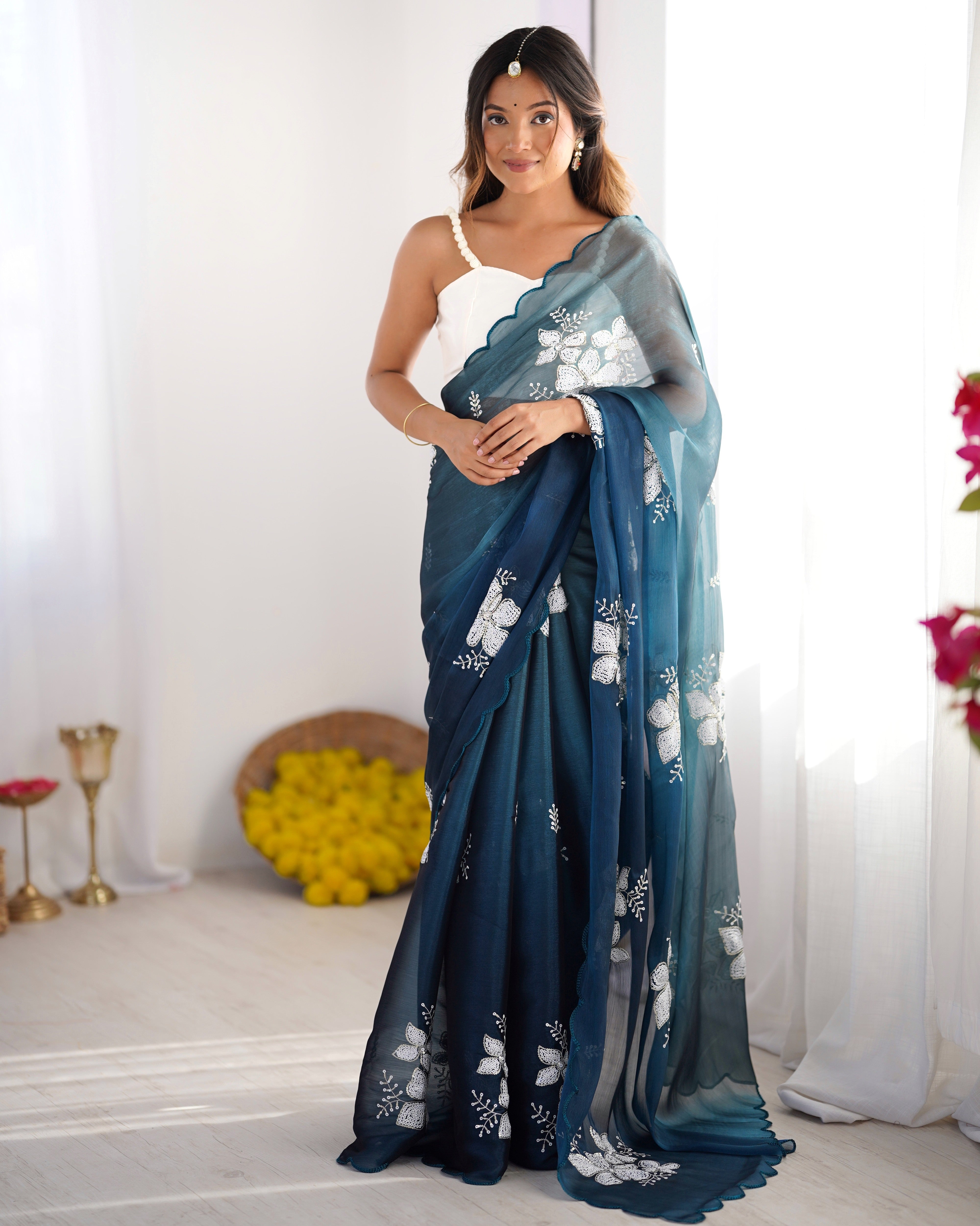 Rama Jimmy Choo Designer Dual Sequance Embroidery Work Beautiful Partywear Saree