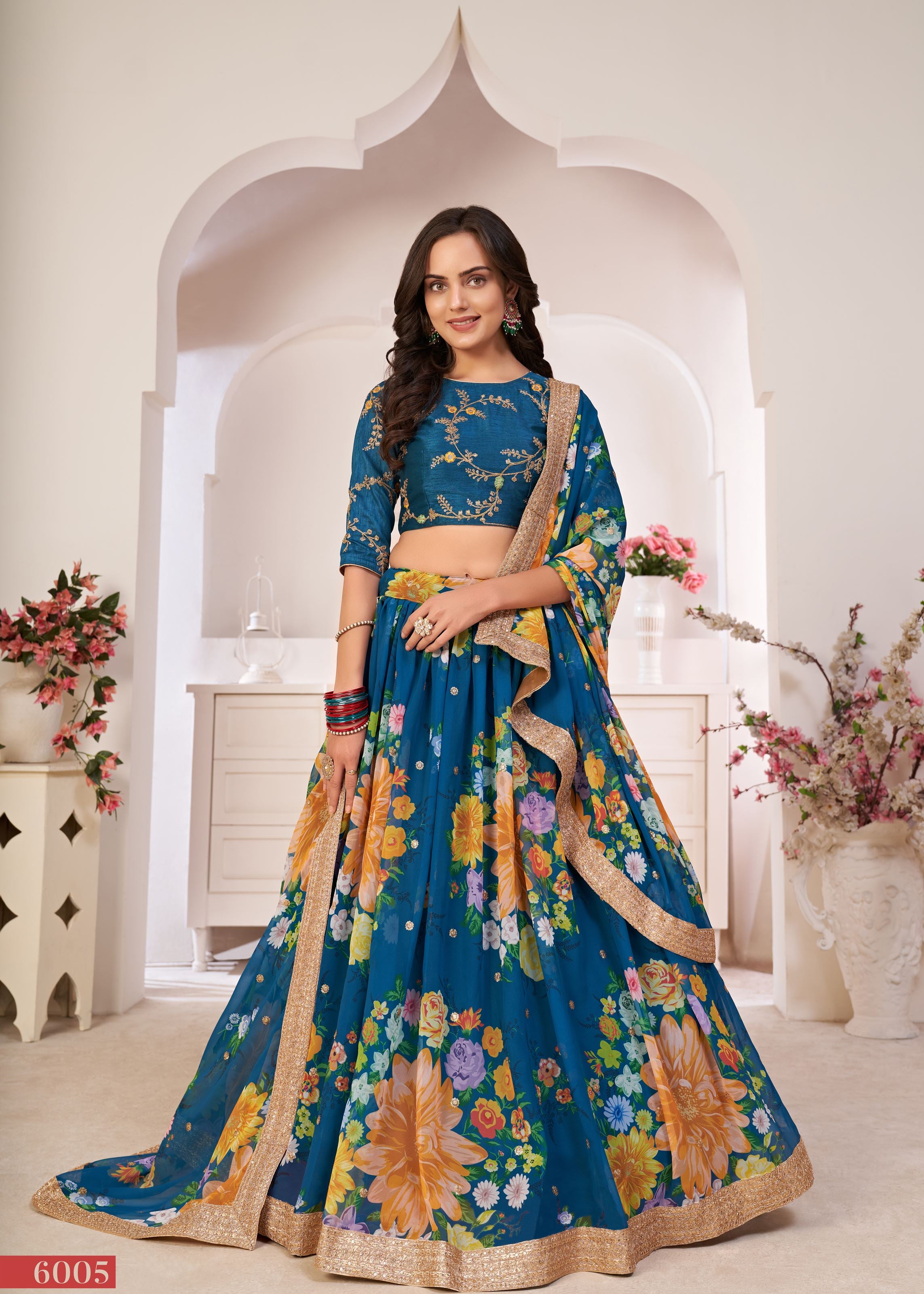 Rama Lehenga Choli With Digital Floral Print And Embroidered Work With Jari Sequins Dori Work