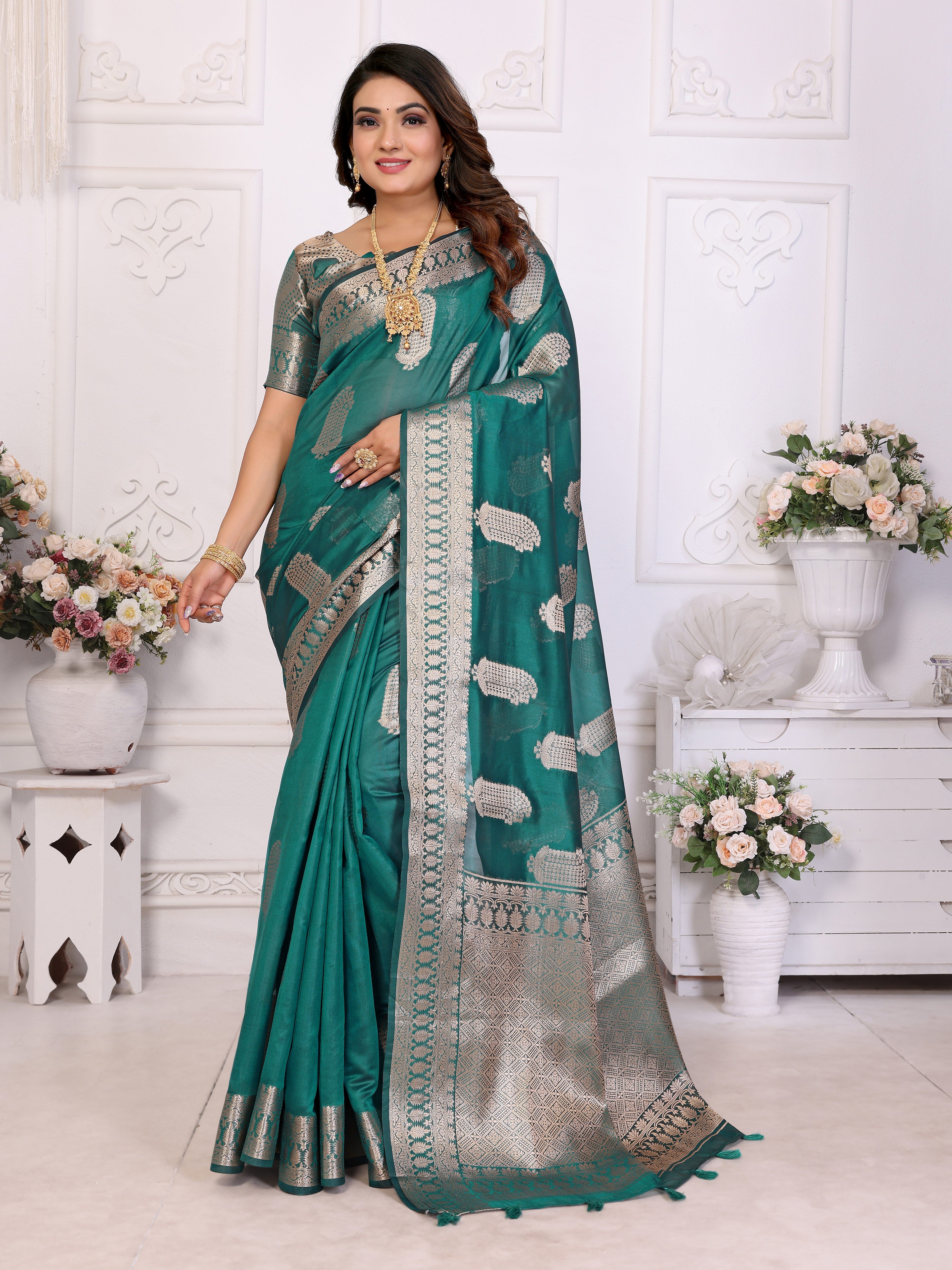Rama Organza Gold Zari Designer Beautiful Festive Saree