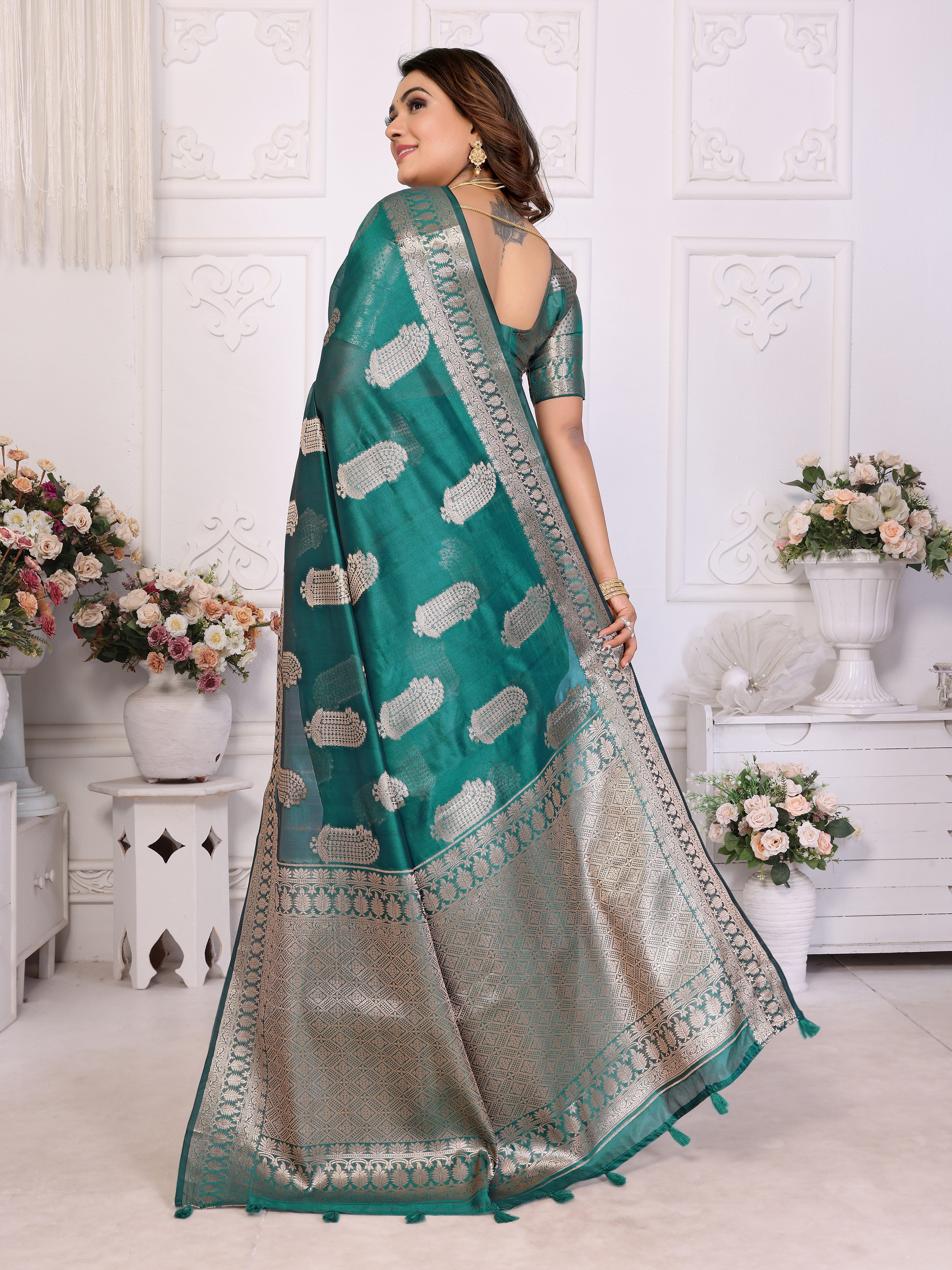 Rama Organza Gold Zari Designer Beautiful Festive Saree