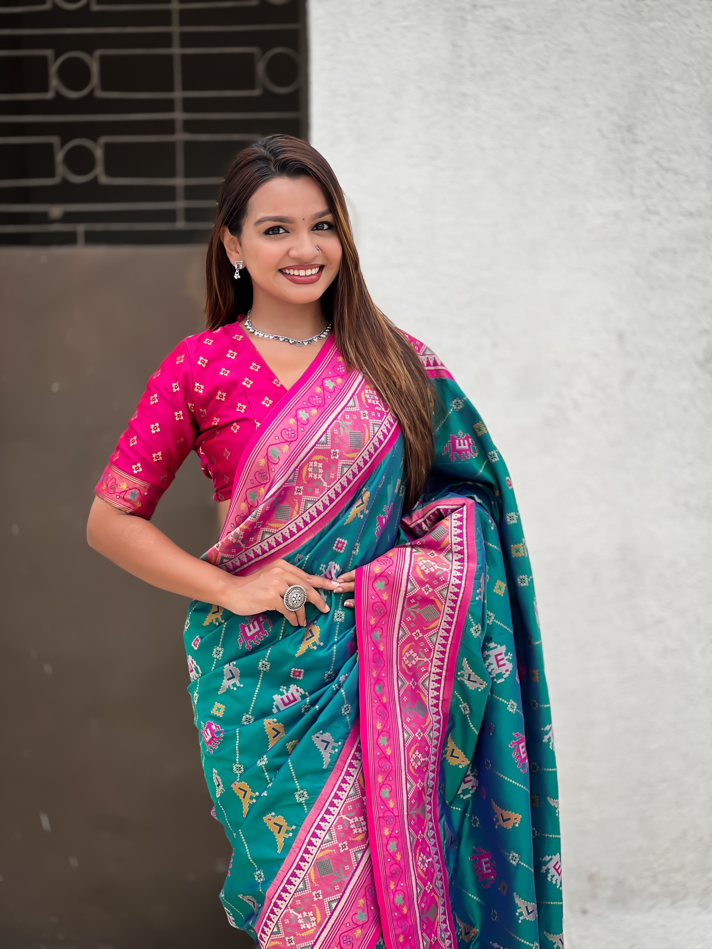 Rama Patola Silk Saree With Woven Meenakari Ikkat Designer For Festive Looks