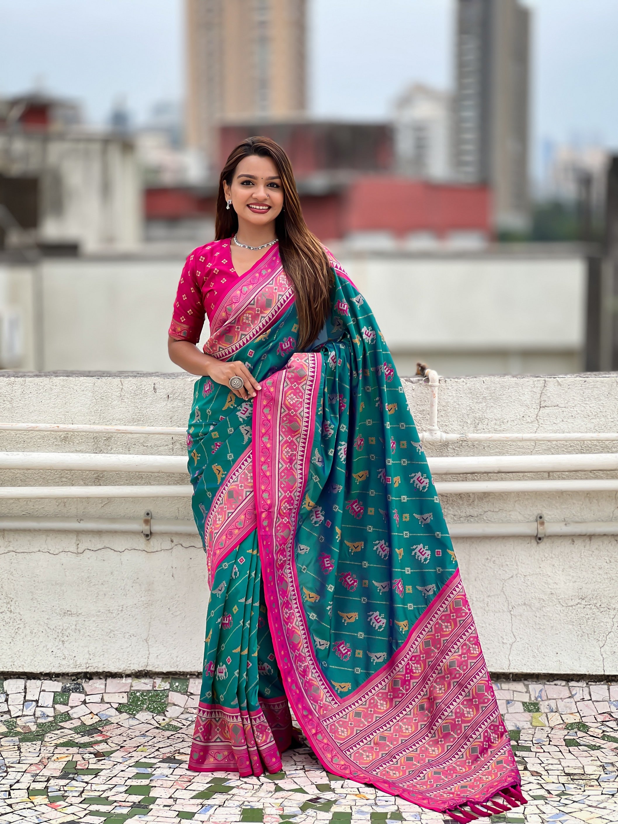 Rama Patola Silk Saree With Woven Meenakari Ikkat Designer For Festive Looks