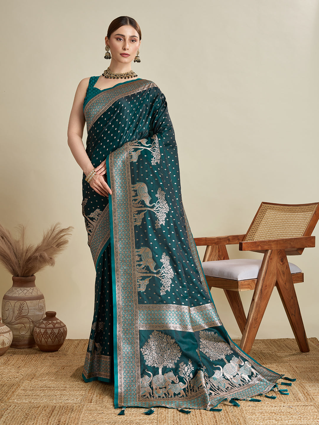 Rama Satin Silk Woven Designer Partywear Saree