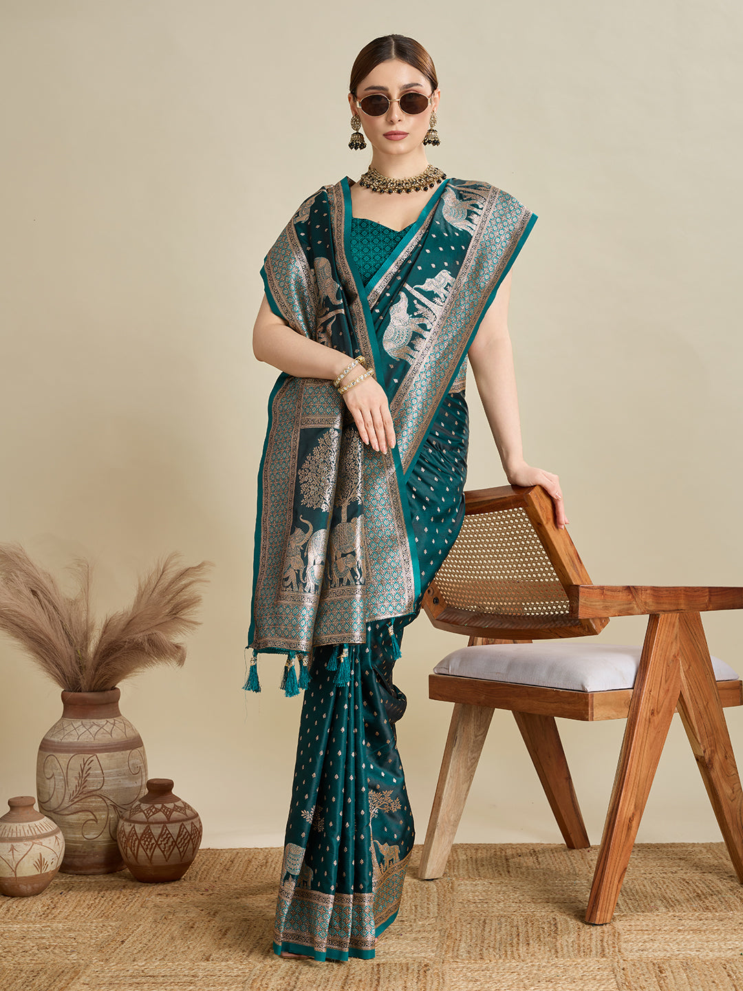 Rama Satin Silk Woven Designer Partywear Saree