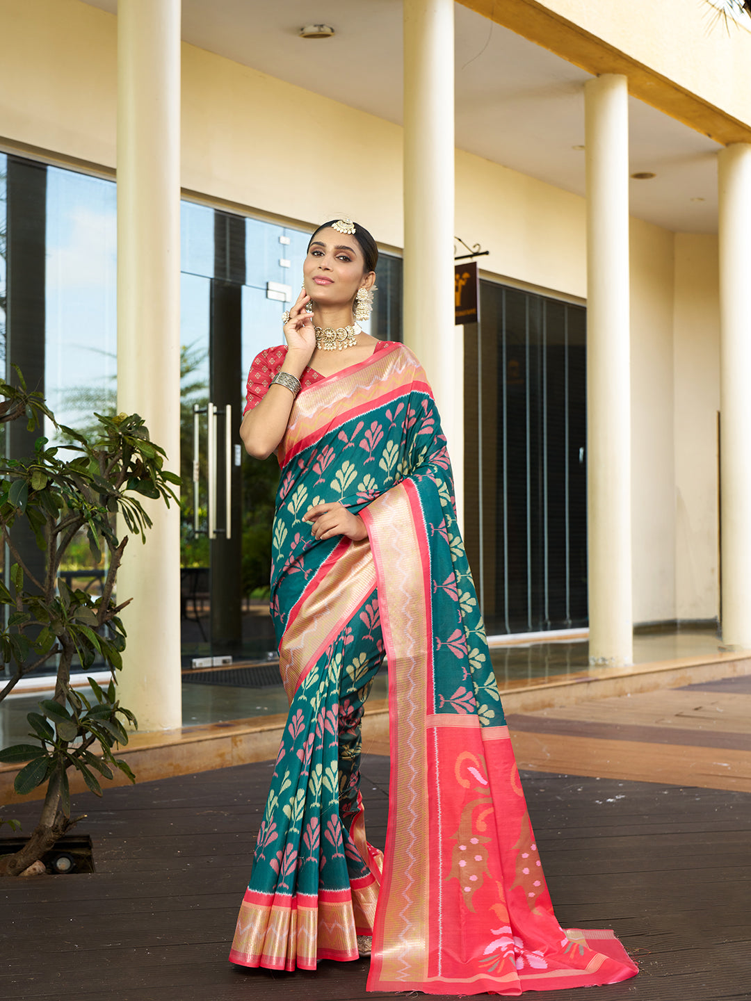 Rama Trendy Crepe Saree With Woven Zari Patta And Designer Print Work