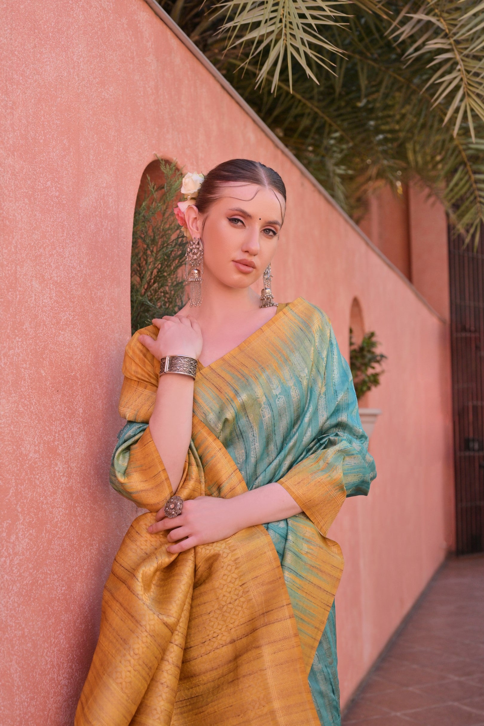 Rama Tussar Silk Saree with Ethnic Motifs and Contrast Pallu