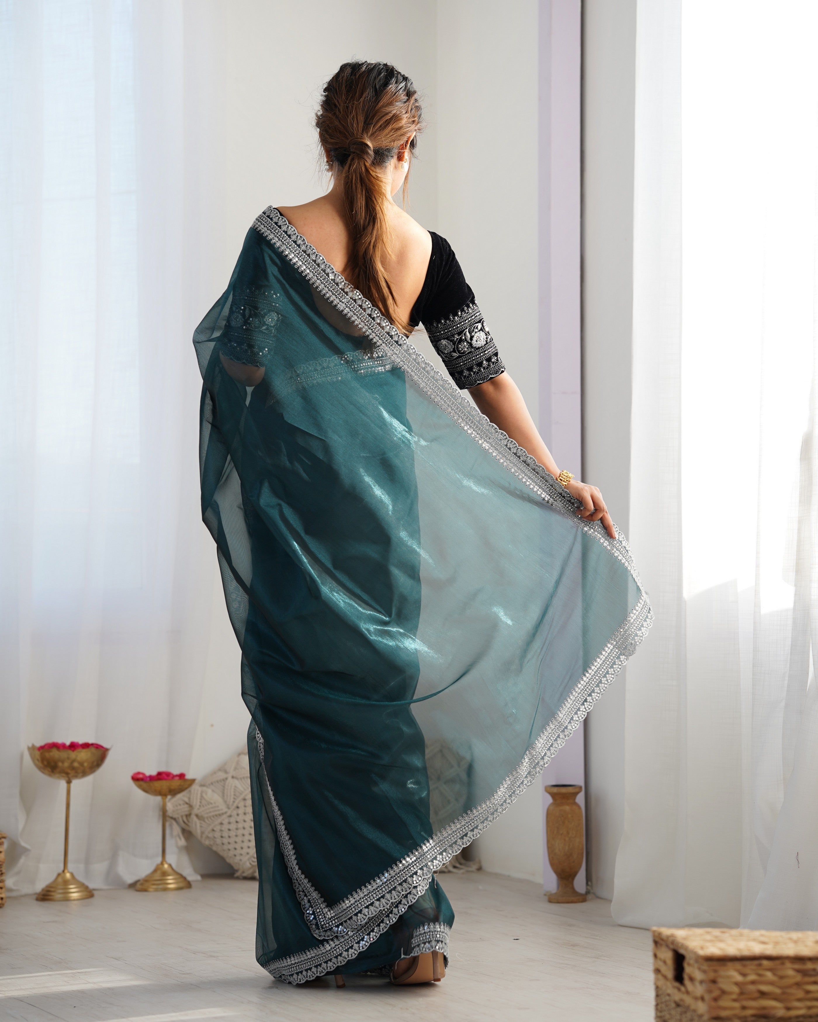 Rama Twill Net Glamorous Bollywood Style Sequins Work Saree