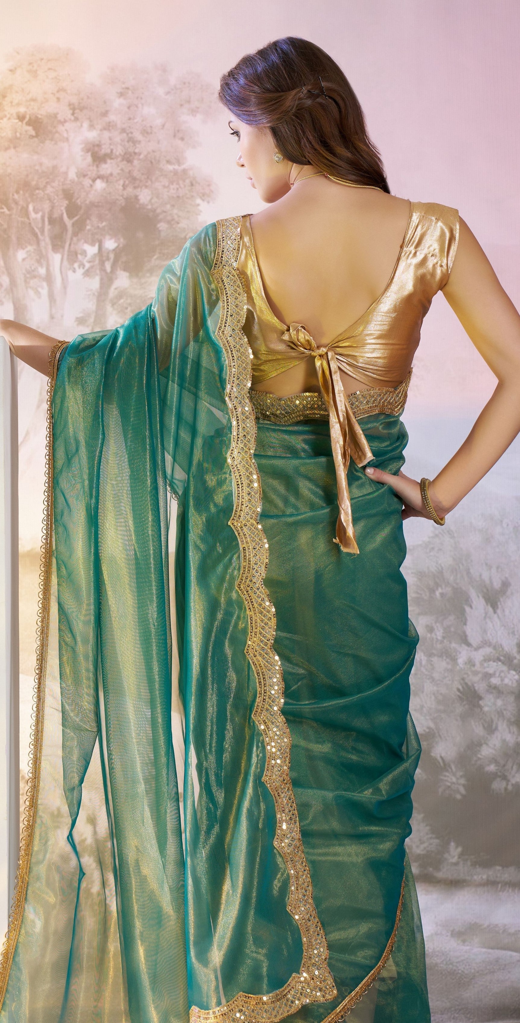 Rama Twill Net Solid Fancy Designer Bollywood Style Saree