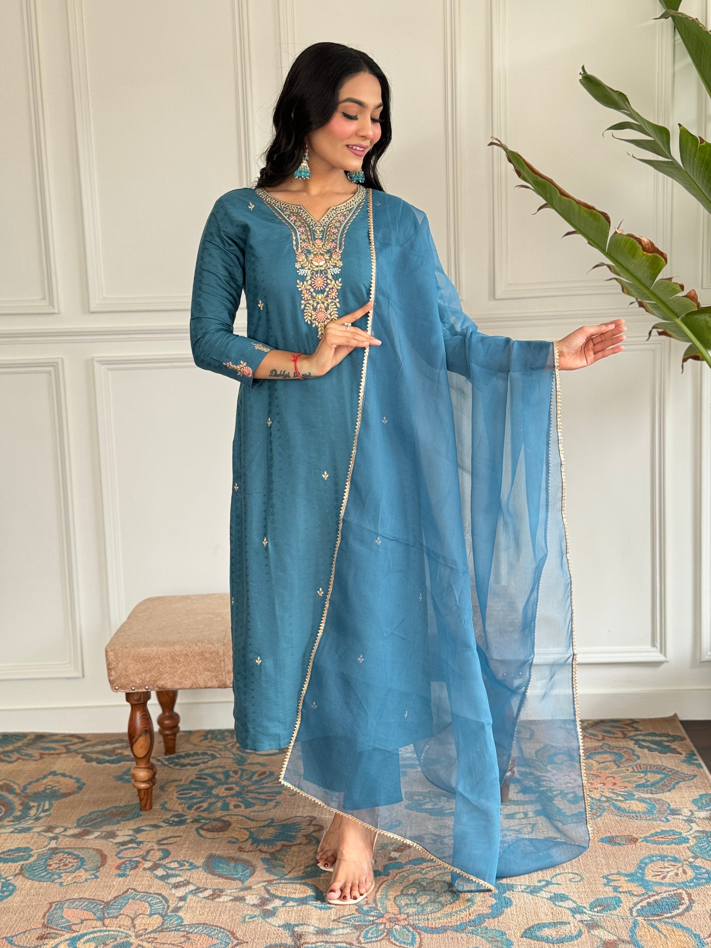 Rama Viscose Blend Elegant Kurta Pant Set With Embroidery Work
