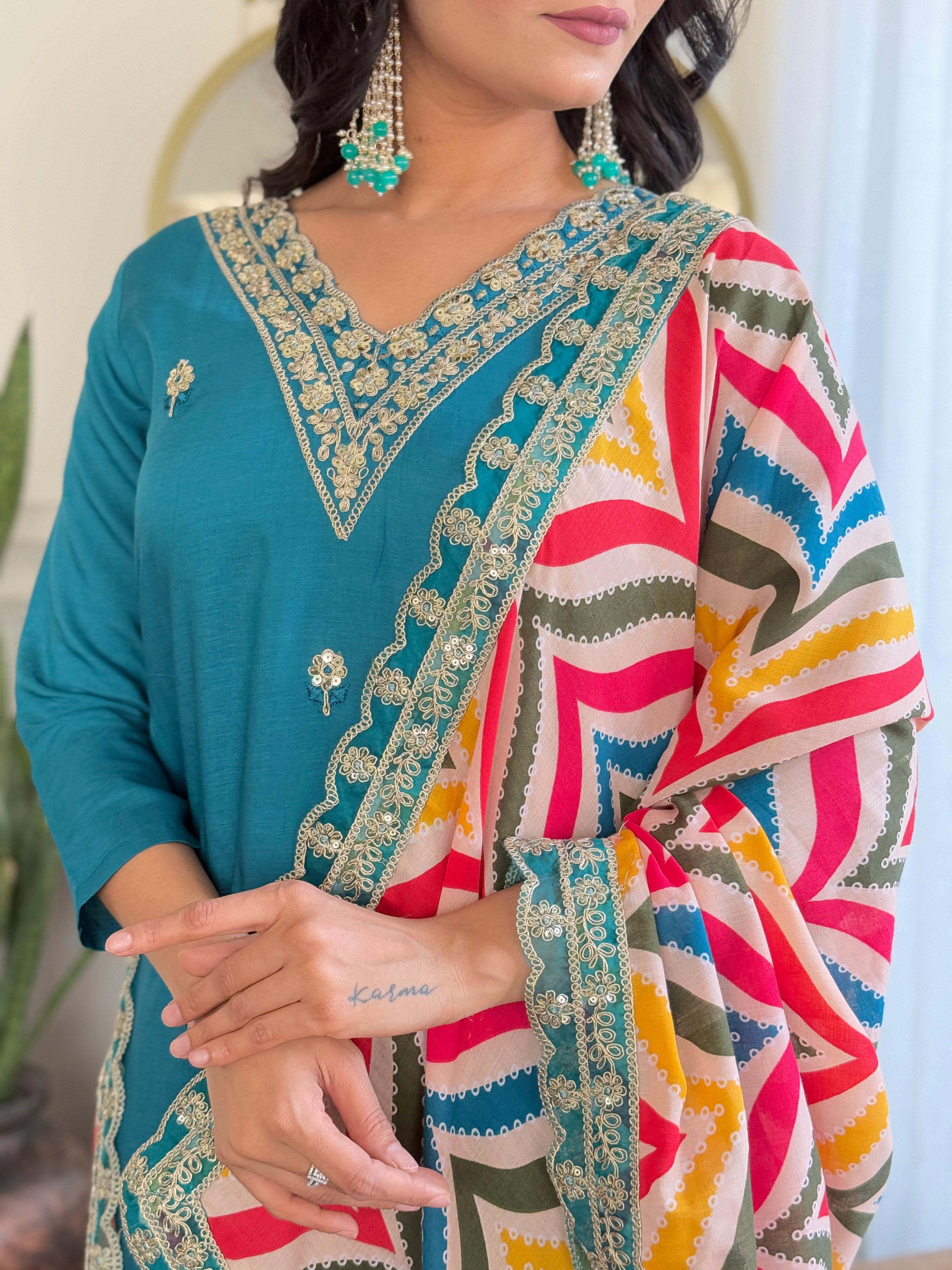 Rama Viscose Elegant Kurta Pant Set With Embroidery Work