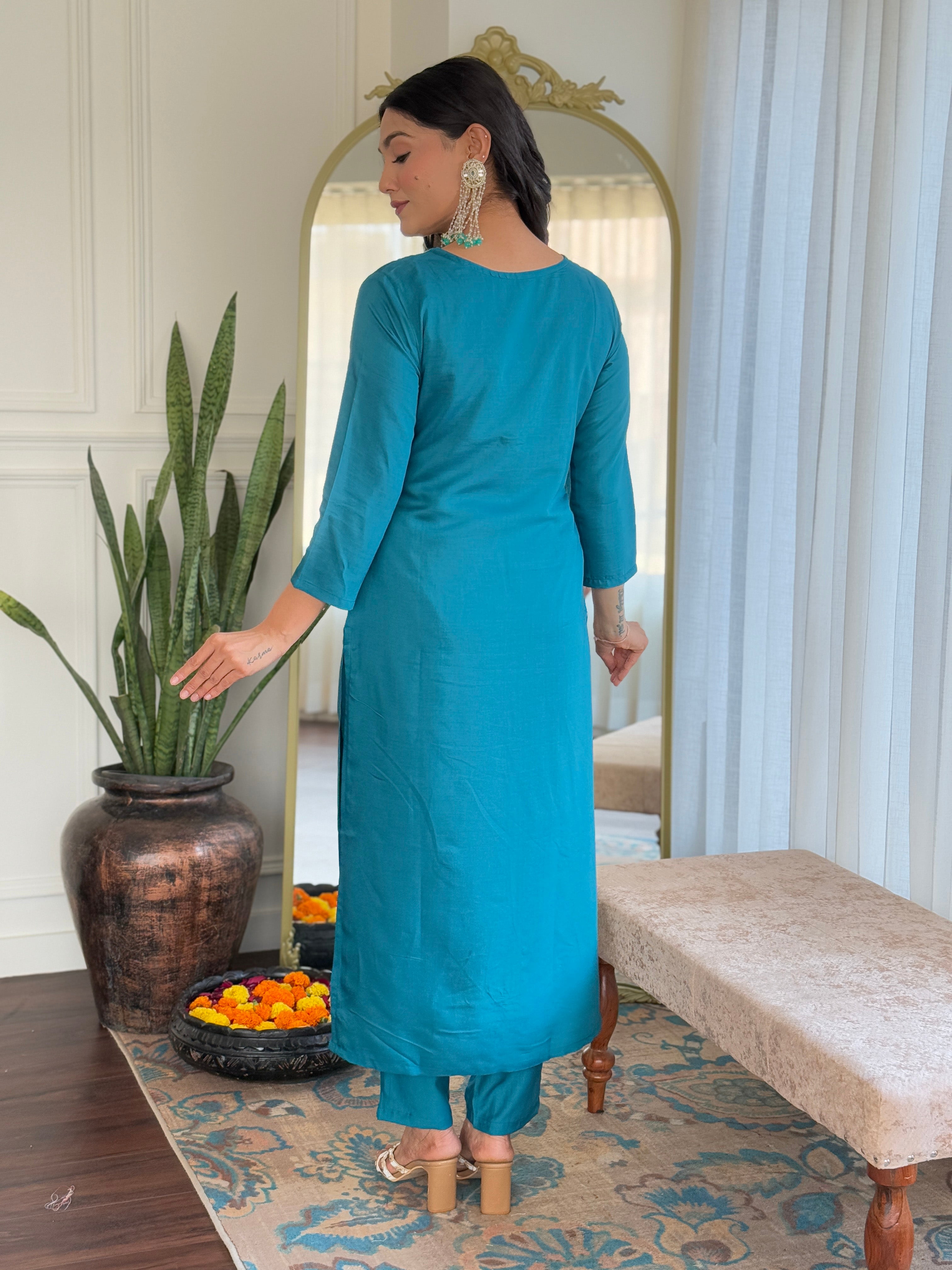 Rama Viscose Elegant Kurta Pant Set With Embroidery Work