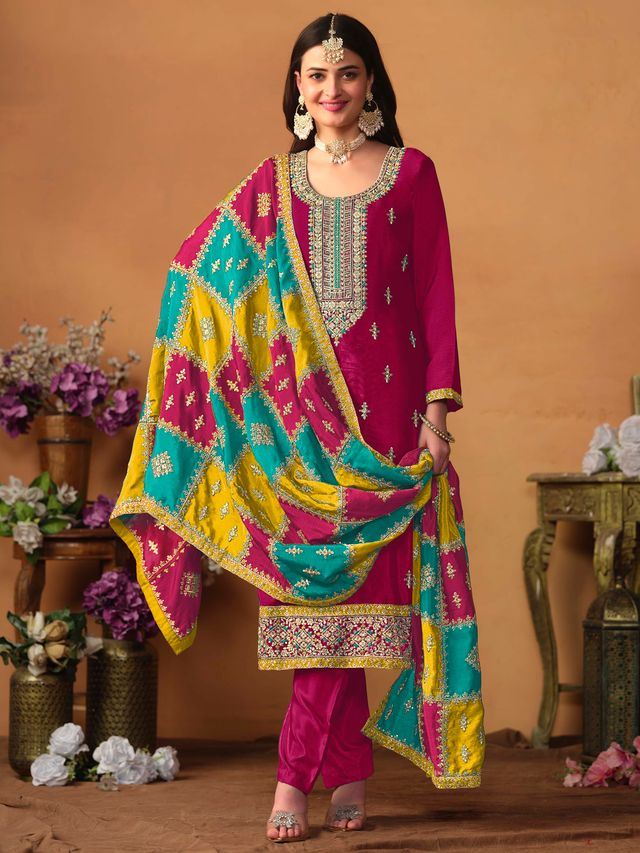 Rani-Pink Salwar Kameez With Thread Emboirdered Work