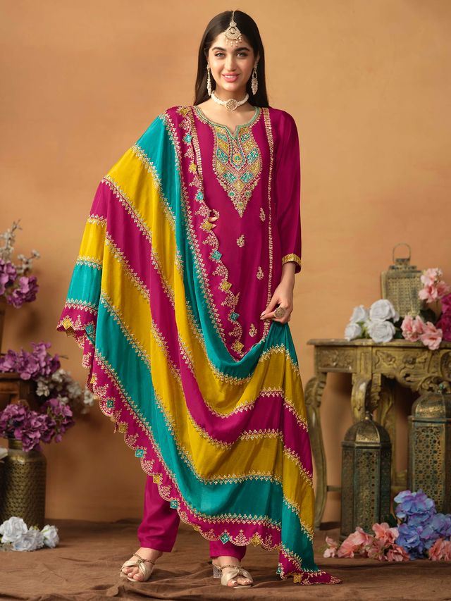 Rani-Pink Salwar Kameez With Thread Emboirdered Work