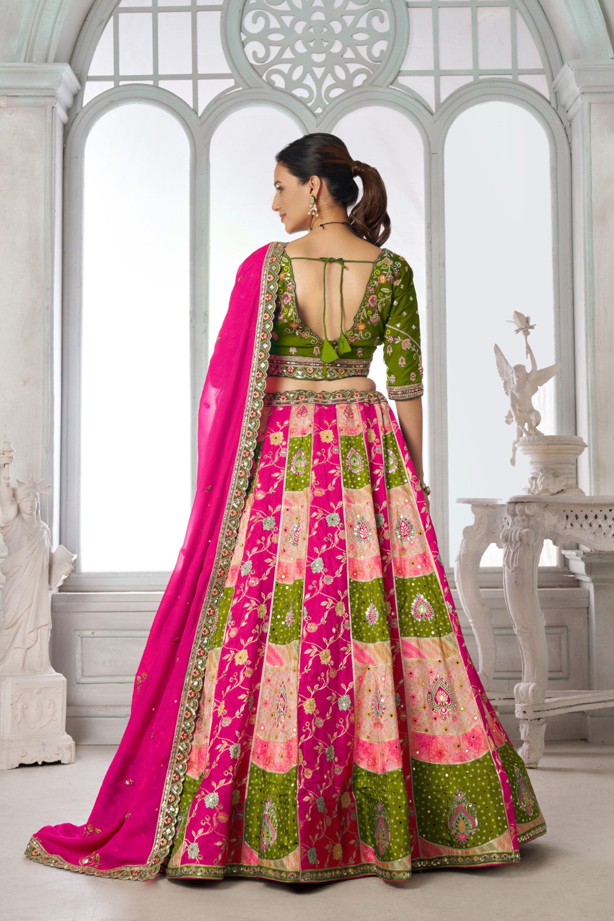 Rani Chinon Silk Mehendi Wear Designer Lehenga Choli Set