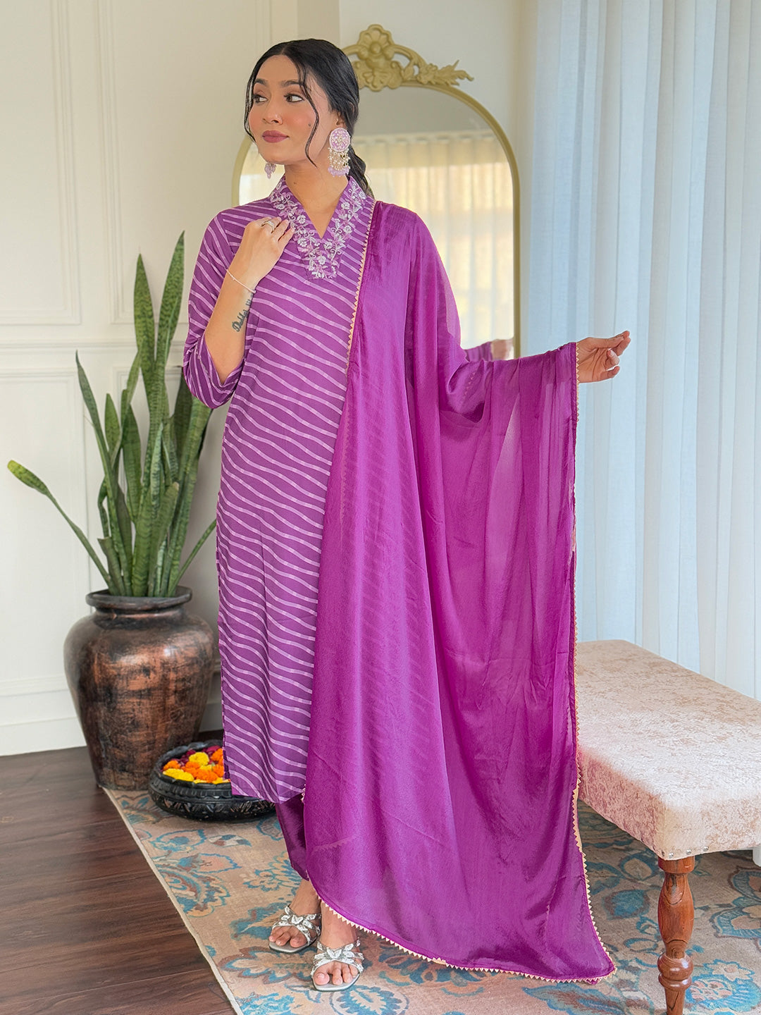 Rani Muslin Elegant Kurta Pant Set With Embroidery Work