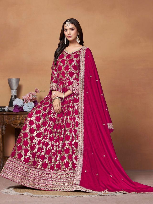 Rani Pink Anarkali Suit With Jacquard Woven With Thread Embroidery Work