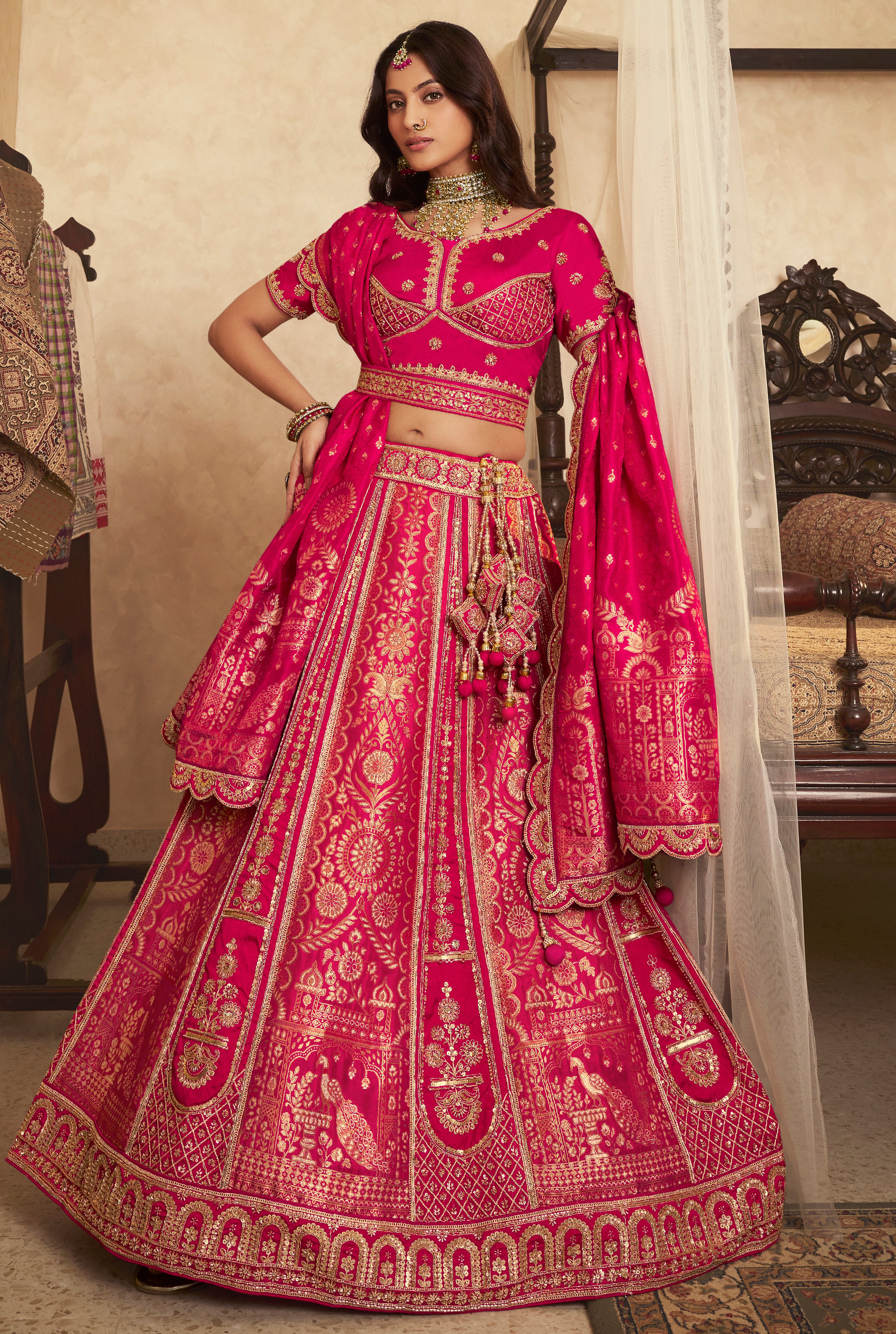Rani Pink Banarasi Premium Silk Lehenga Choli With Heavy Thread Embroidery, Sequence, Swarovski ,Stone With Zari, Khatli Weaving Work