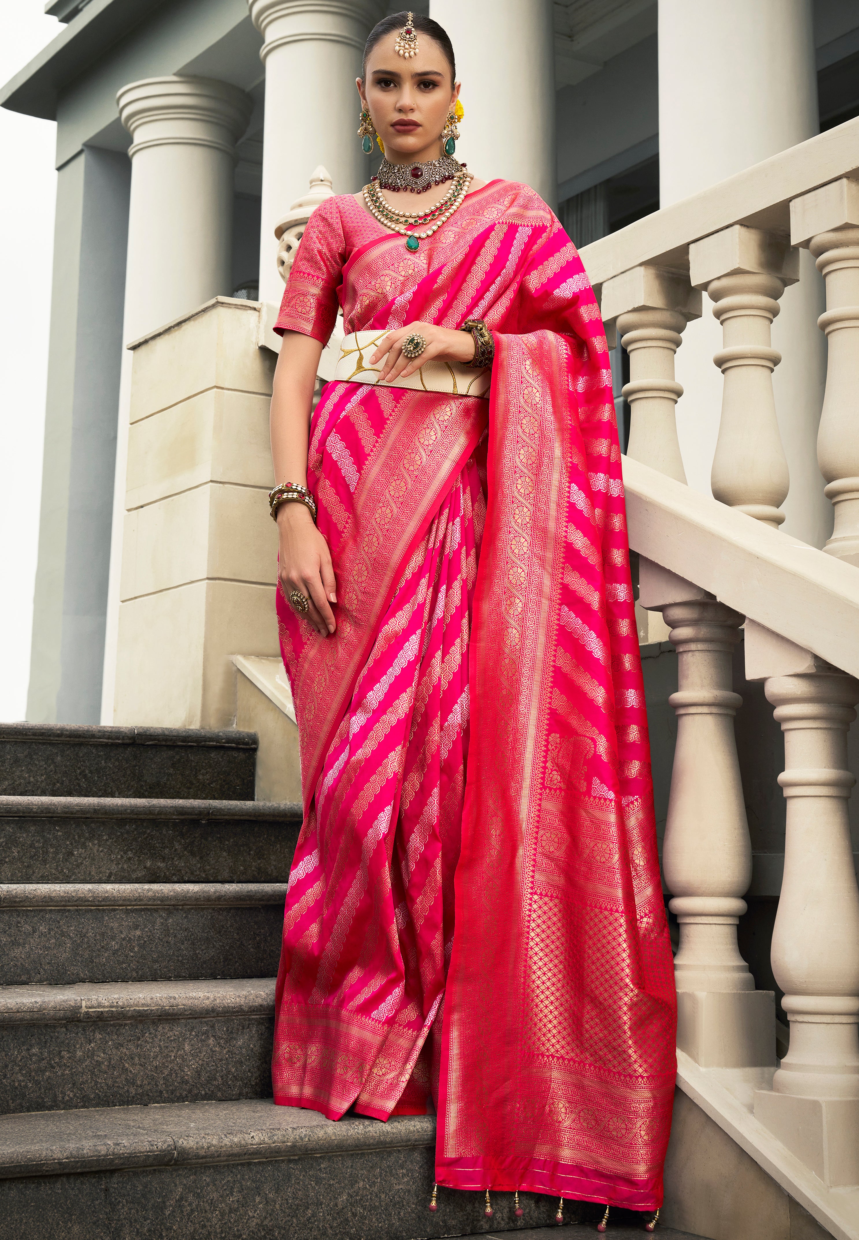 Rani Pink Banarasi Silk Saree With Jacquard Woven Work
