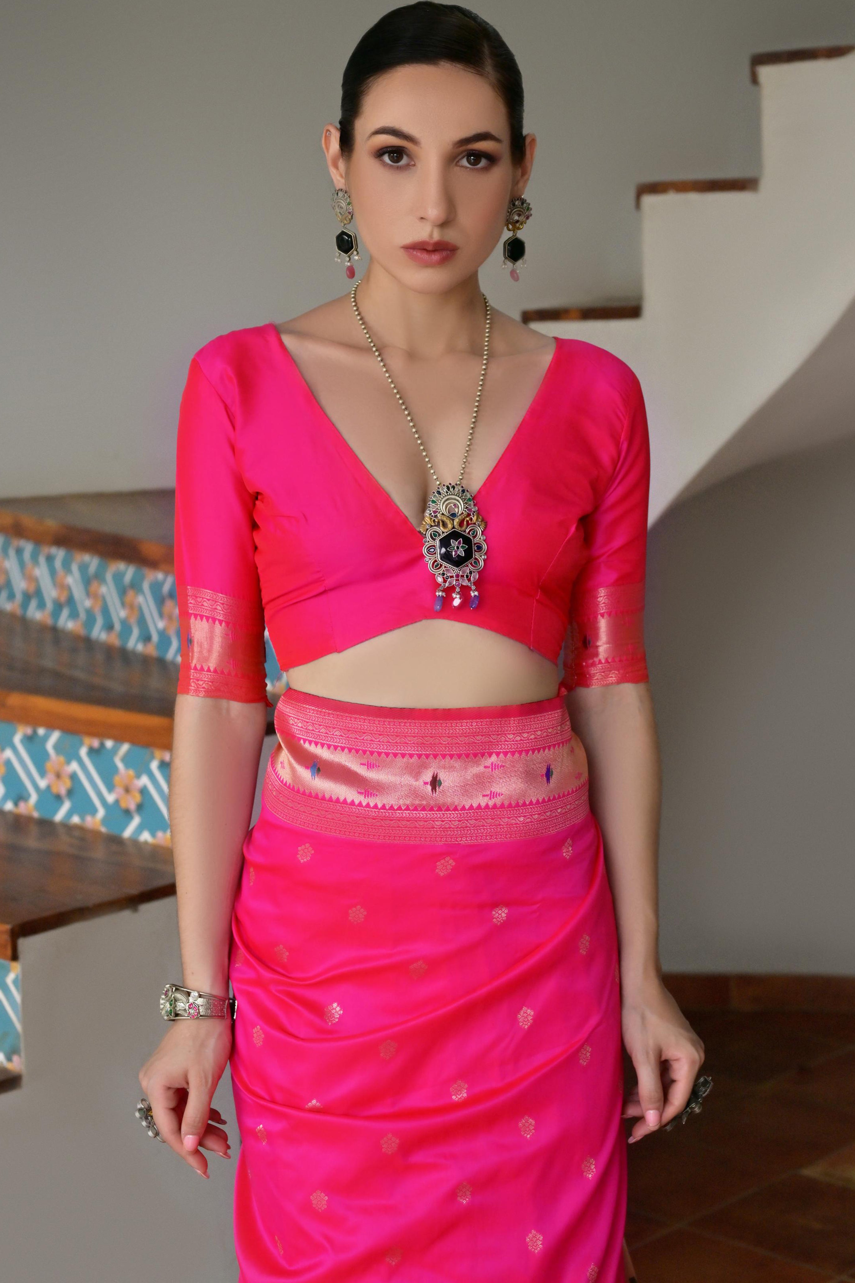 Rani Pink Banarasi Silk Saree with Premium Paithani Work