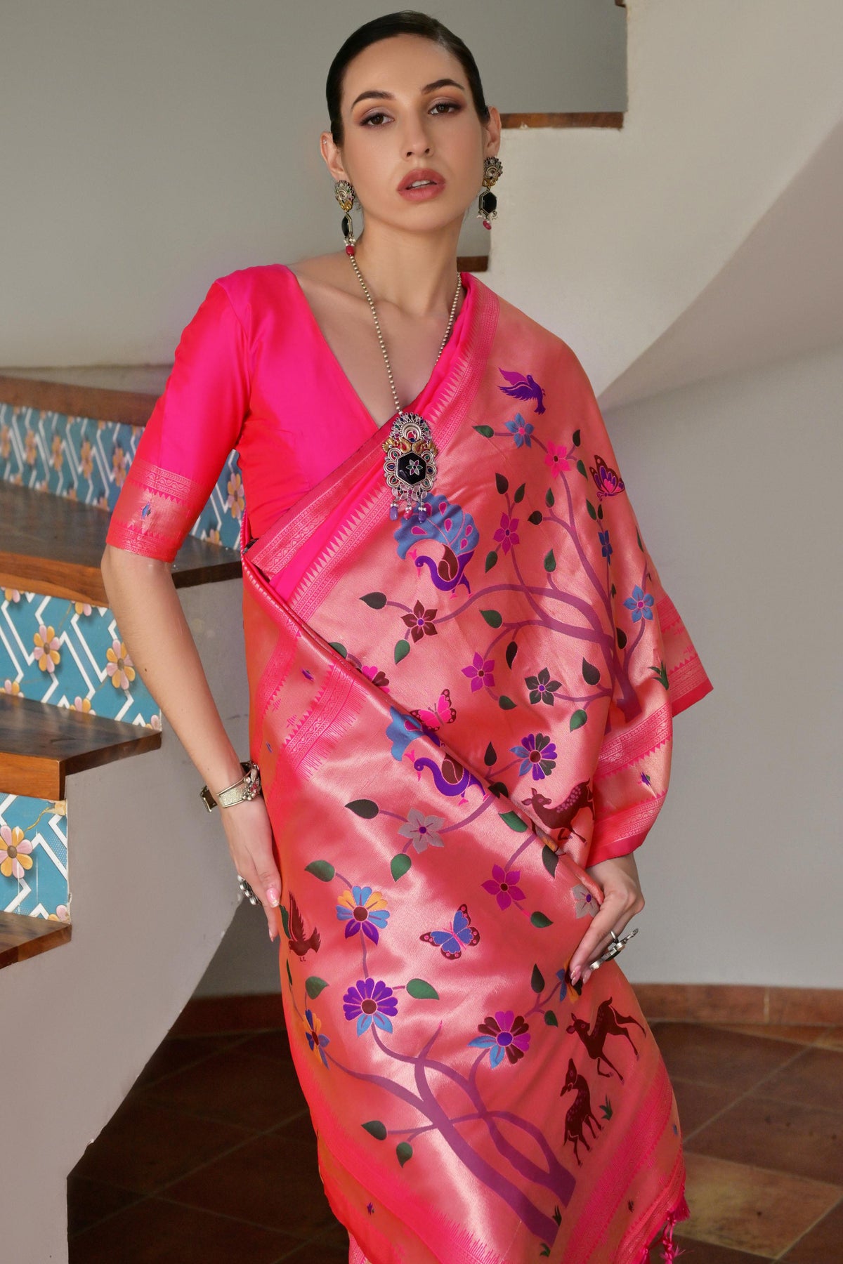 Rani Pink Banarasi Silk Saree with Premium Paithani Work