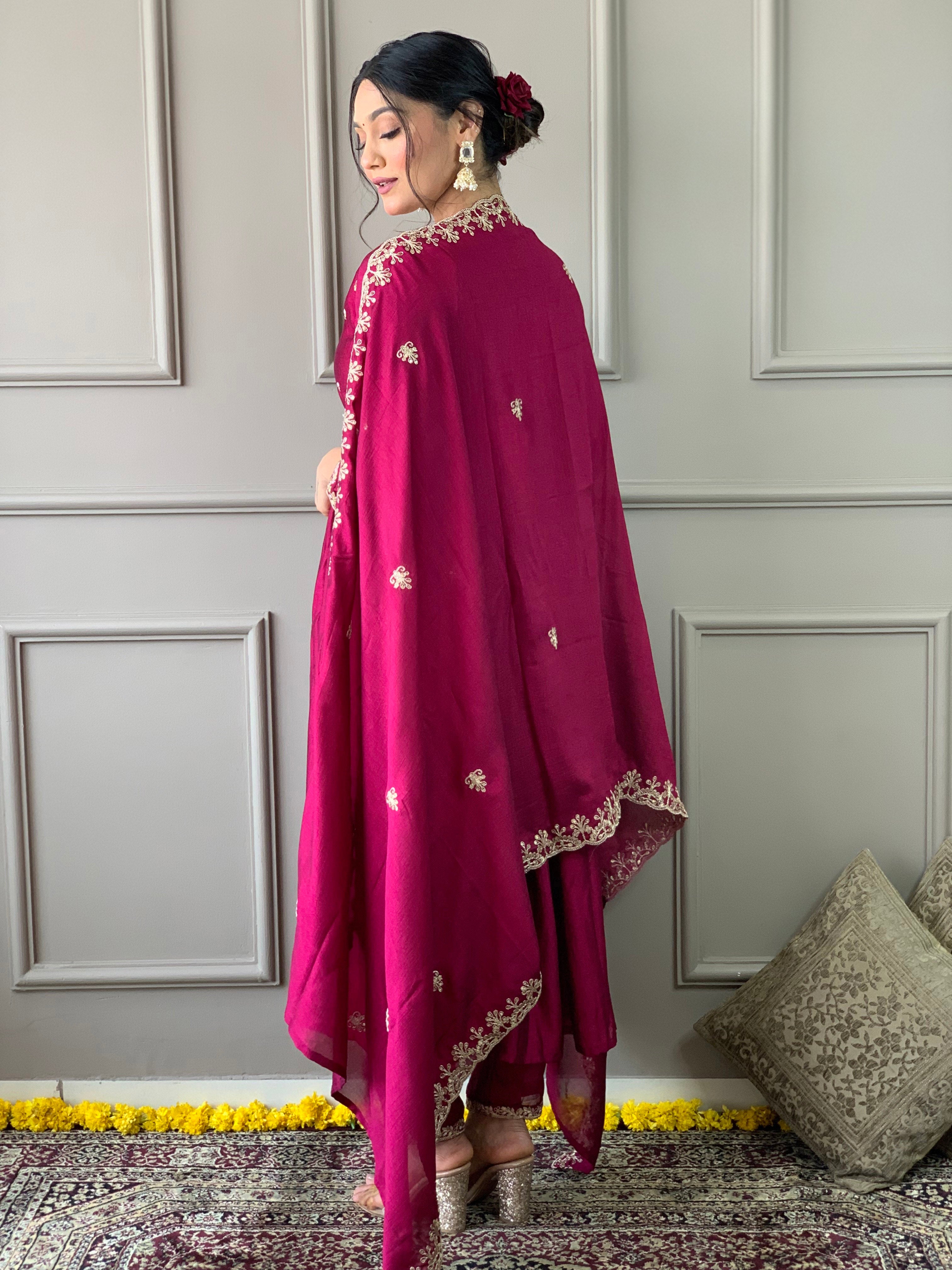 Rani Pink CP Vichitra Kurta Pant With Heavy Thread Embroidery Work With Sequins Work