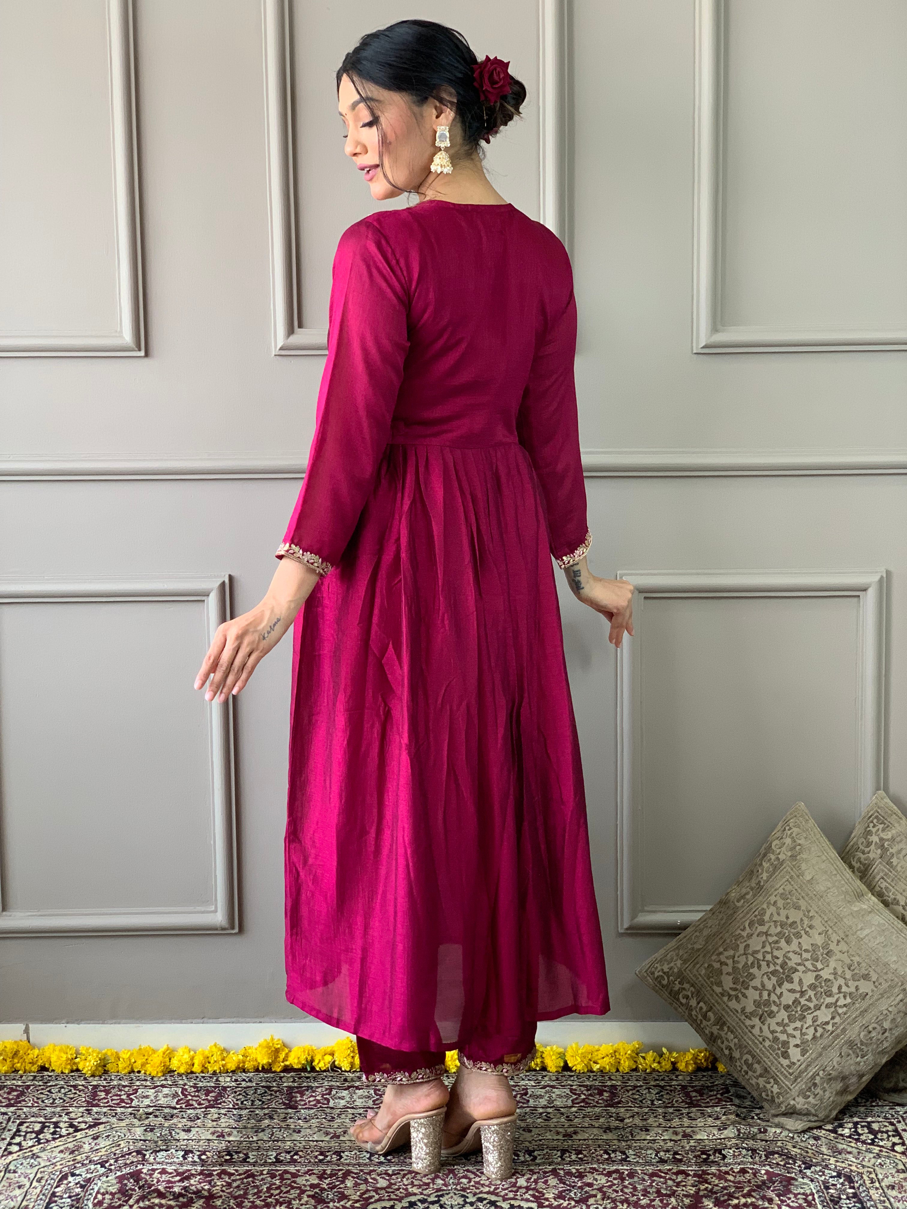 Rani Pink CP Vichitra Kurta Pant With Heavy Thread Embroidery Work With Sequins Work